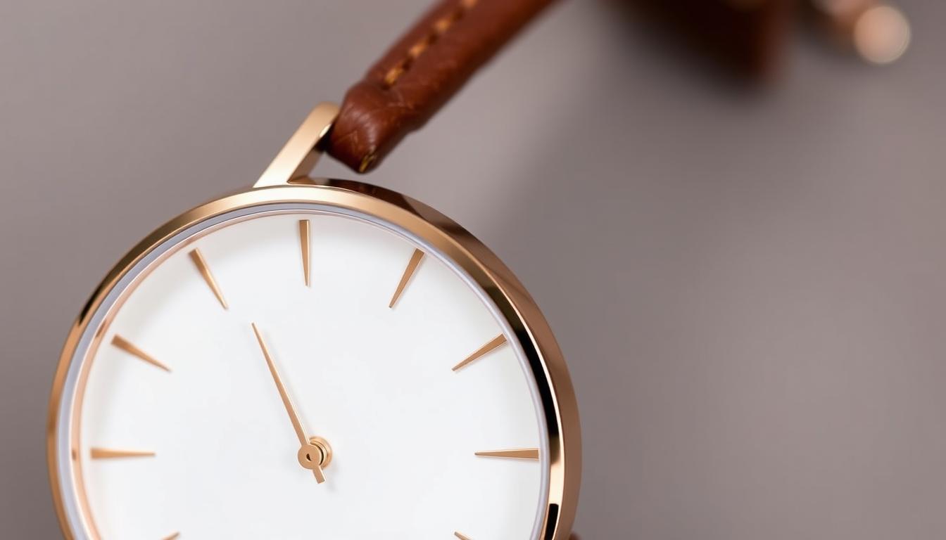 A close-up shot of a Daniel Wellington Classic B40R4 rose gold watch, capturing its elegant and timeless design. The 40mm stainless steel case is framed by a polished rose gold bezel, complemented by a crisp white dial with minimalist indices and hands. The strap is a classic brown leather, adding a touch of sophistication. The image is well-lit, showcasing the watch's refined details and luxurious aesthetic, suitable for a professional or everyday setting. The focus is on the watch, with a clean, uncluttered background that allows the product to take center stage.
