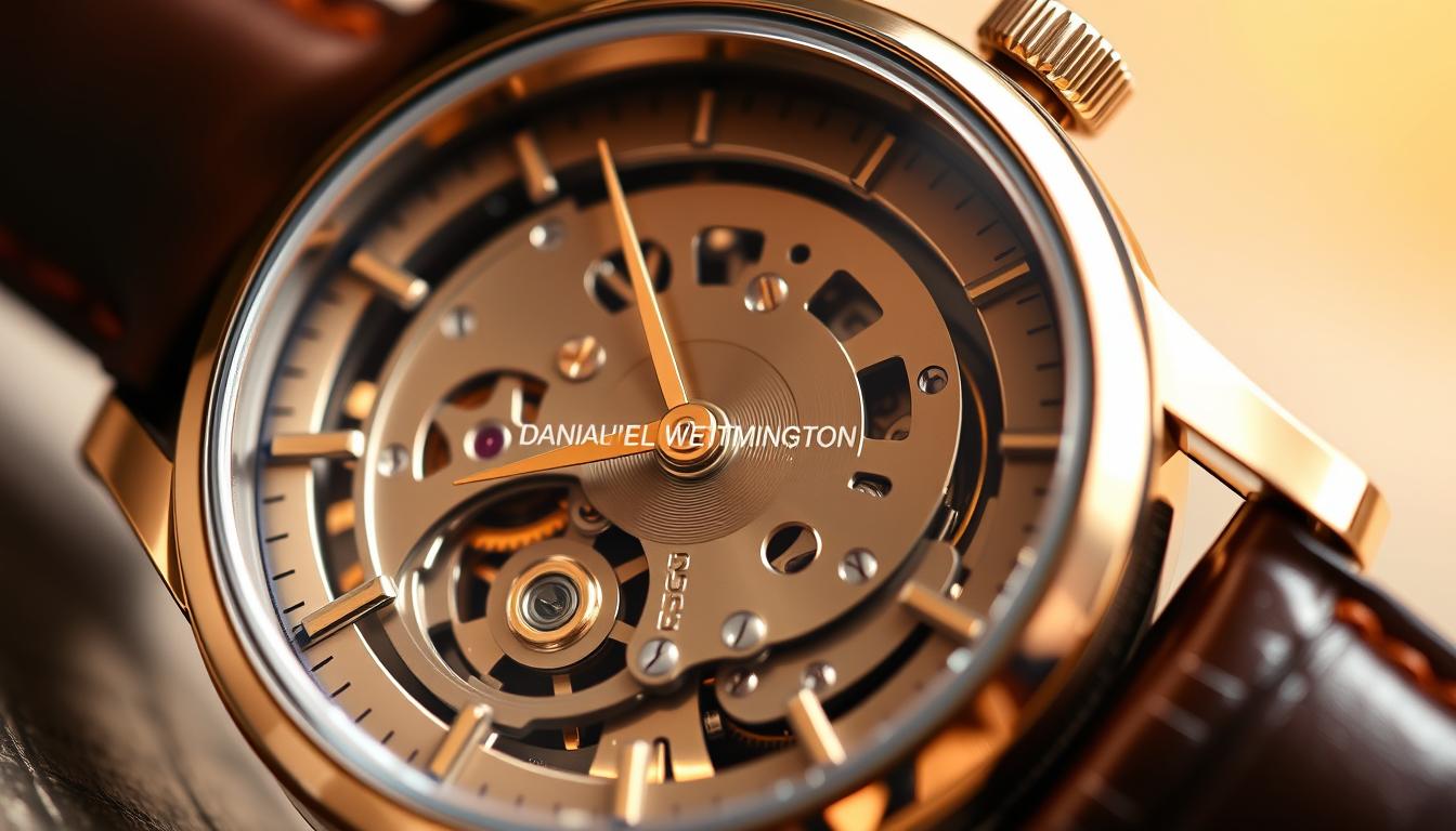 A close-up view of the intricate mechanism of a Daniel Wellington Classic Sheffield wristwatch. The camera lens captures the subtle details of the watch face, with its elegant hour and minute hands, delicate hour markers, and a sleek, minimalist design. The lighting casts a warm, natural glow, highlighting the precision engineering and high-quality craftsmanship. The angle showcases the depth and texture of the watch case, made of premium materials, and the smooth, leather strap that complements the overall aesthetic. The resulting image conveys a sense of sophistication, attention to detail, and the timeless appeal of this classic timepiece.