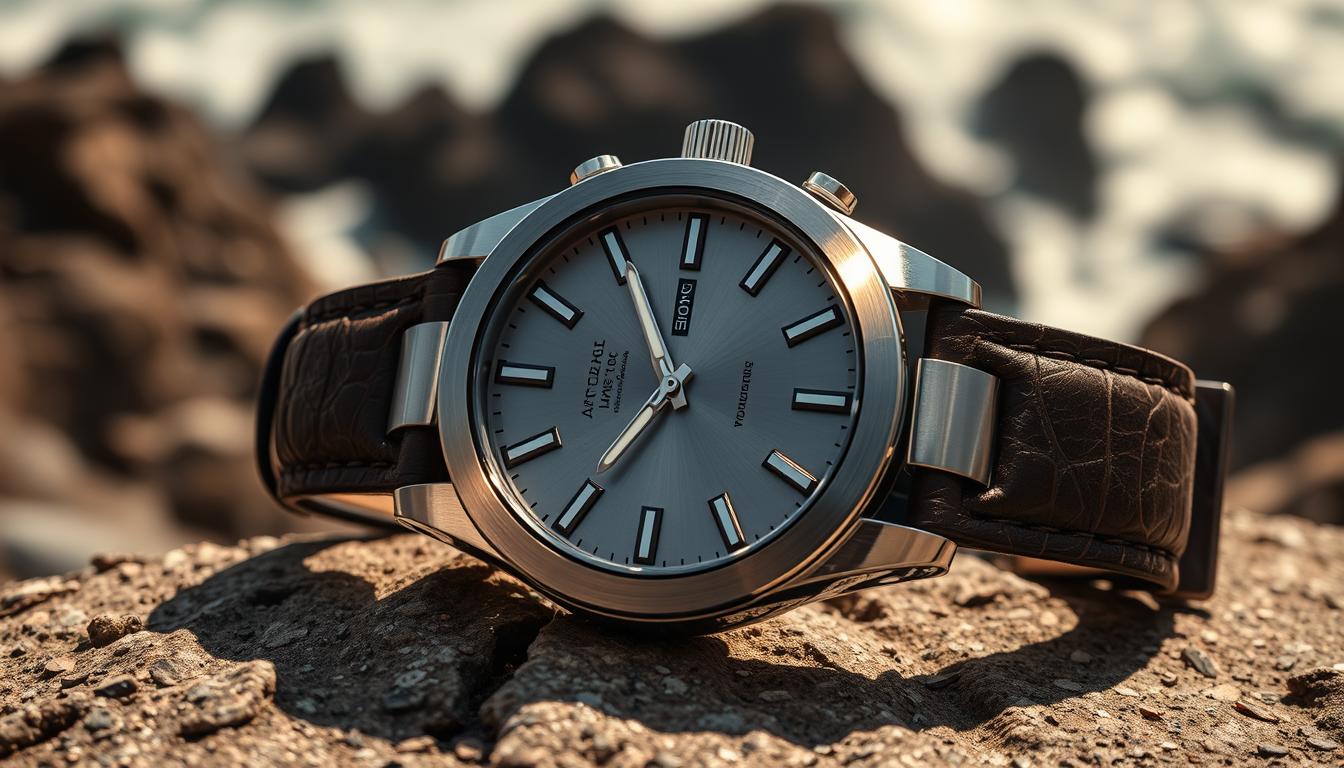 A weathered, stainless-steel wristwatch rests against a textured leather strap, showcasing its durable construction. The face is protected by a scratch-resistant crystal, while the case exhibits a brushed, high-quality finish. Sunlight casts a warm glow on the watch, highlighting its robust, well-engineered design. In the background, a rugged outdoor environment, such as a rocky cliff or a stormy seascape, emphasizes the timepiece's ability to withstand the elements. The overall scene conveys a sense of resilience, reliability, and the watch's capacity to endure demanding conditions with grace and functionality.