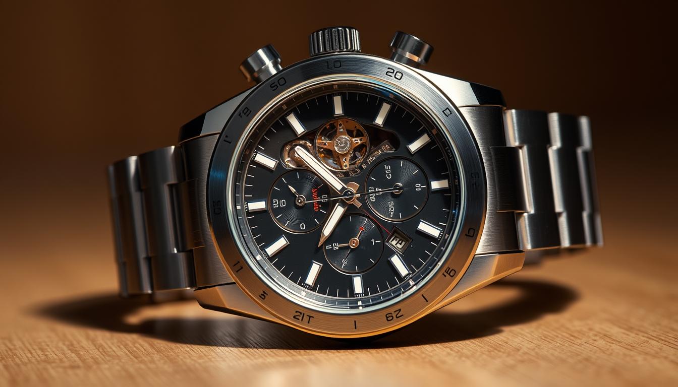 A precision-engineered automatic chronograph watch with a sleek, brushed stainless steel case. The dial features a classic panda-style layout with subdials for seconds, minutes, and hours, along with a date window. The bezel has a tachymeter scale, allowing the wearer to measure elapsed time and speed. Illuminating indexes and hands provide excellent legibility in low light conditions. The movement is visible through a transparent caseback, showcasing the intricate mechanical components. Soft, ambient lighting casts a warm glow, highlighting the premium materials and craftsmanship. The watch sits elegantly on the wrist, a testament to horological innovation and timeless style.