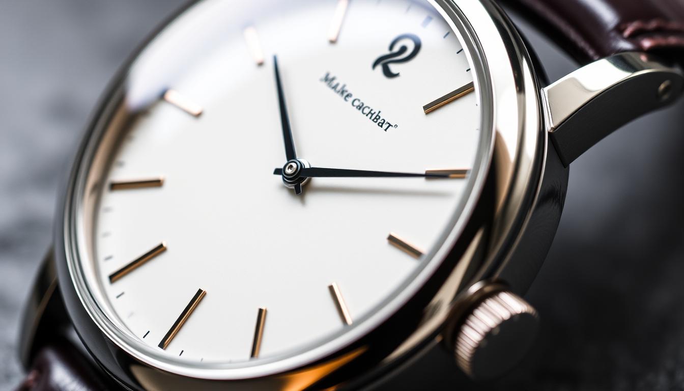 A detailed close-up shot of a luxury watch dial with a classic design. The face features a minimalist white background with black hour and minute hands, along with delicate gold-toned hour markers and a subtle logo. The dial is encased in a polished stainless steel frame that reflects the light, creating a sense of depth and dimension. The watch is positioned at a slight angle, allowing the viewer to appreciate the intricate details and craftsmanship. The lighting is soft and natural, highlighting the elegant lines and curves of the timepiece. The overall mood is one of refined sophistication and timeless style.