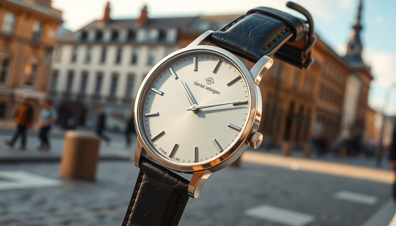 A classic Sheffield timepiece, a timeless design capturing the essence of British elegance. The brushed stainless steel case glimmers under warm, natural lighting, accentuating the refined simplicity of the minimalist dial. The black leather strap complements the polished silver hands and indexes, creating a harmonious, sophisticated appearance. In the background, a soft, blurred cityscape of historic architecture and cobblestone streets sets the scene, evoking the charm and tradition of the Sheffield heritage. A vintage yet contemporary aesthetic, this Daniel Wellington Classic Sheffield timepiece embodies the perfect balance of classic style and modern sophistication.