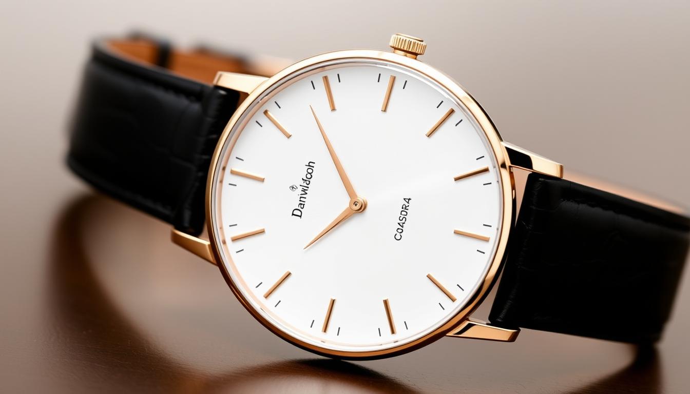 Gambar Daniel Wellington Classic B40R4 dengan strap kulit hitam dan case rose gold