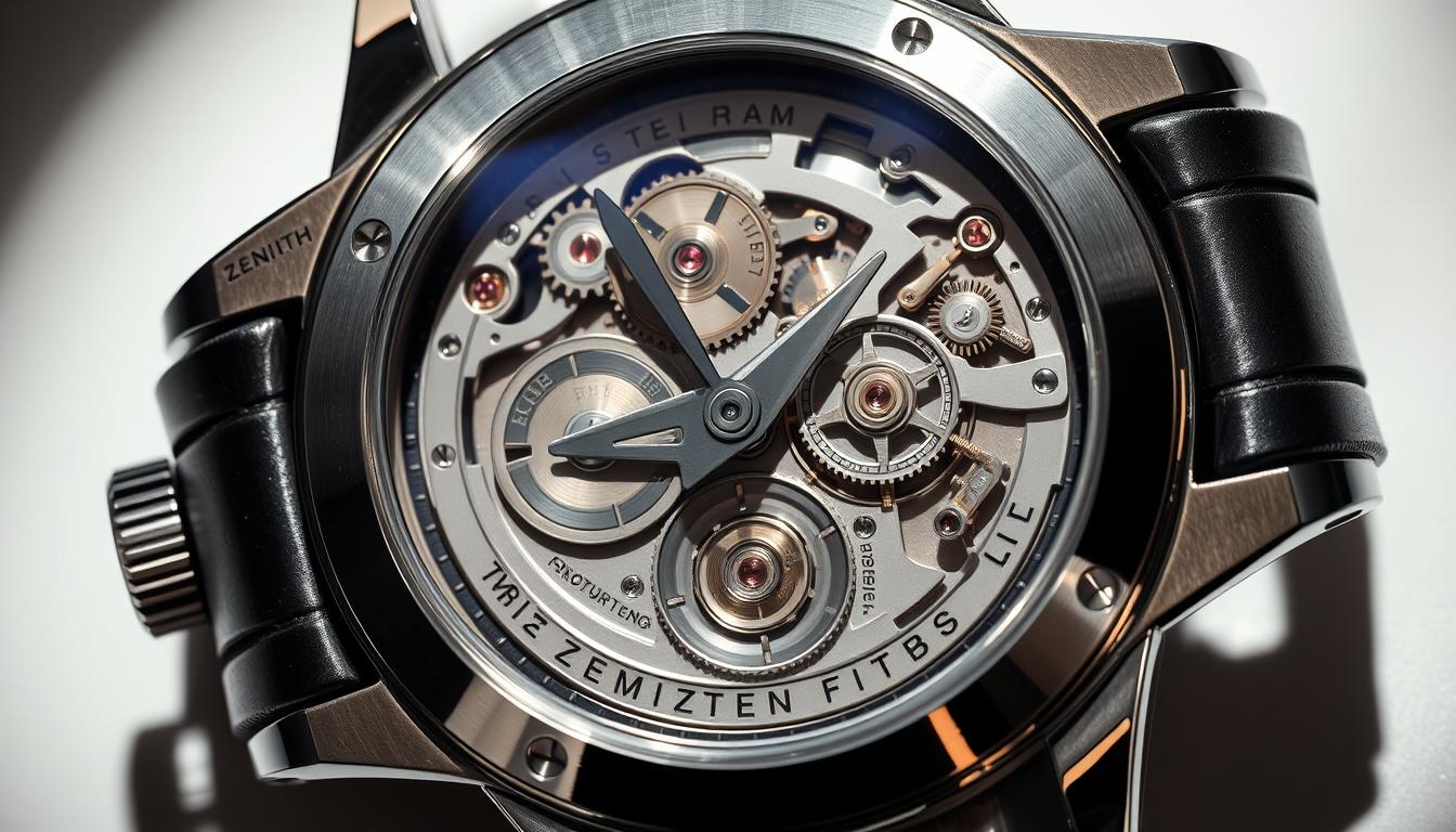A high-precision chronograph caliber mechanism, meticulously engineered with intricate gears, wheels, and jewels visible through a transparent caseback. Captured in a dramatic overhead angle under soft, directional lighting that casts shadows, emphasizing the depth and complexity of the intricate components. The polished steel and gleaming finishes convey a sense of quality and technical mastery, hinting at the excellence and heritage of the Zenith El Primero watch movement. A visually captivating and technically impressive illustration of the advanced engineering within this iconic Swiss timepiece.