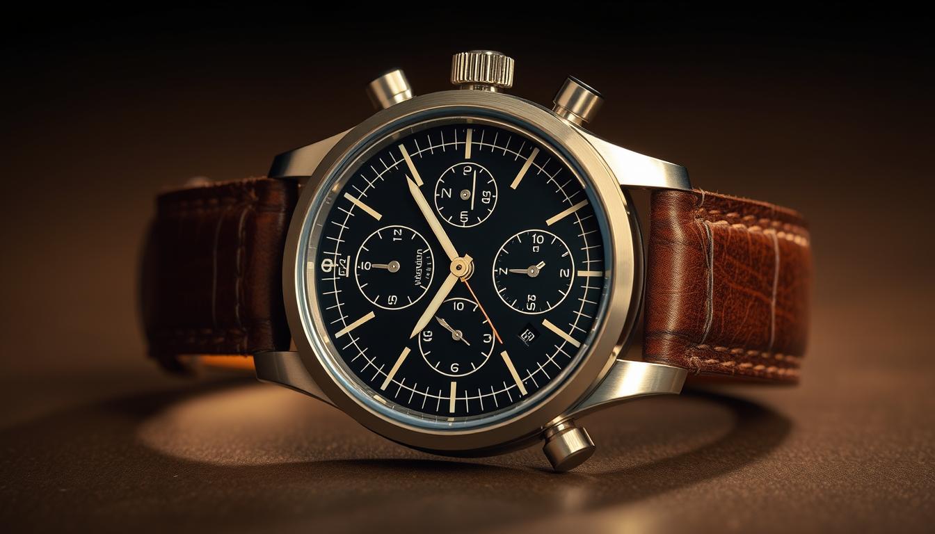 A sleek and vintage-inspired chronograph watch, the Zenith Kronograf, sits prominently on a well-worn leather strap. The brushed stainless steel case gleams under warm studio lighting, accentuating the intricate dial details. The three sub-dials, minute and hour counters, and tachymeter scale around the periphery convey the watch's technical prowess. The dial's deep black color creates a sharp contrast, while the luminous hour markers and hands ensure legibility. The angled view highlights the classic onion-shaped crown and the distressed leather strap, evoking a sense of timeless elegance. The overall composition captures the essence of Zenith's storied history and the pioneering spirit of the Kronograf, a true icon of horology.