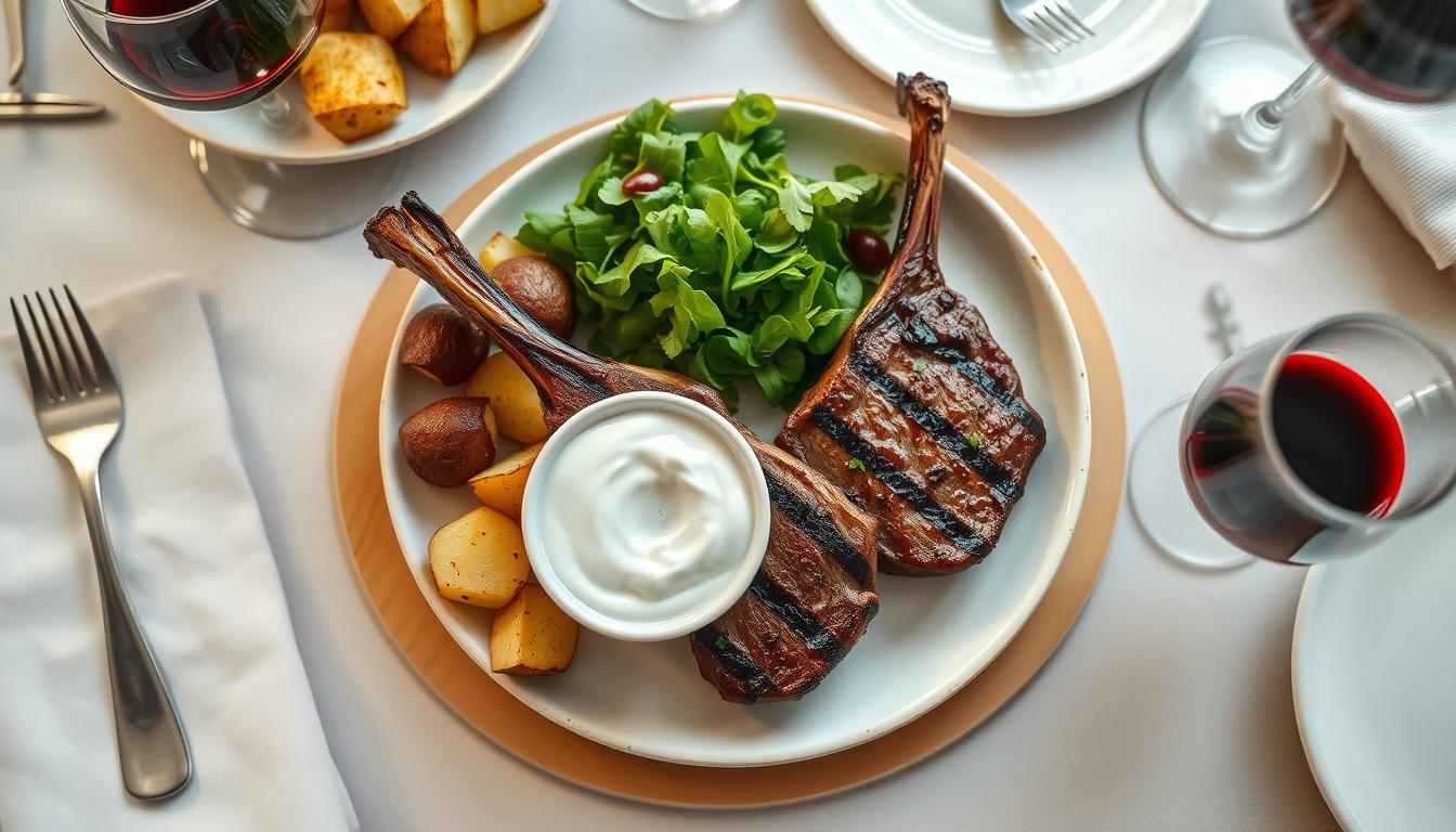Plated lamb chops with side dishes on a beautifully set table