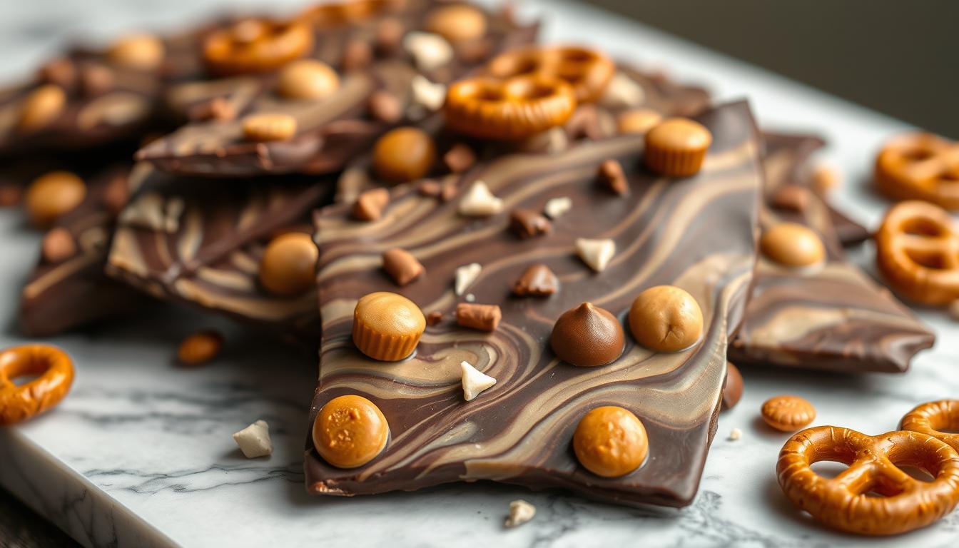 Finished Chocolate Peanut Butter Bark with swirls and toppings