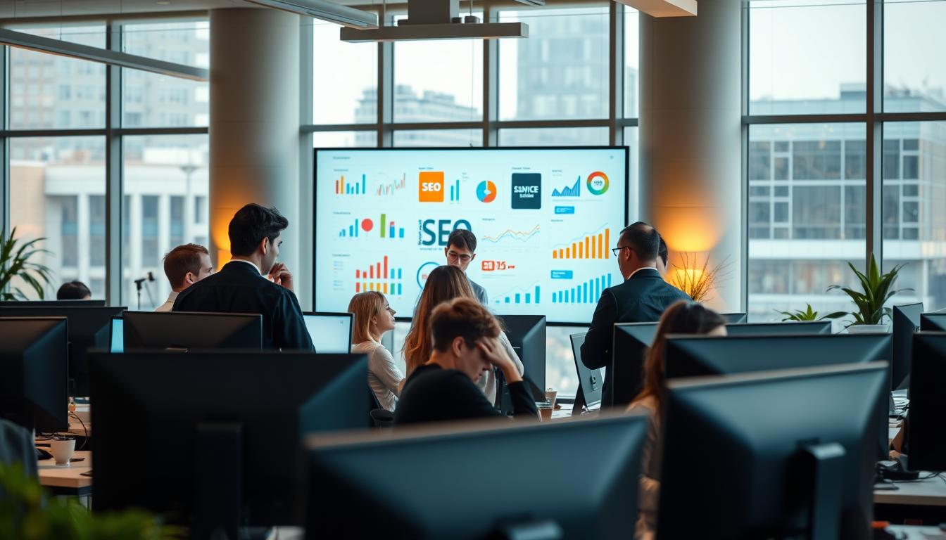 A bustling office scene showcasing a UK-based search engine optimization company. In the foreground, a team of professionals collaborating at their desks, computer screens illuminating their focused expressions. In the middle ground, a large interactive whiteboard displays colorful charts and diagrams, visualizing the company's SEO strategies. The background features floor-to-ceiling windows, allowing natural light to flood the space and creating a sense of openness and innovation. The overall atmosphere is one of productivity, creativity, and a commitment to driving digital success for clients. Subtle warm lighting and a sleek, modern interior design lend an air of professionalism to the scene.