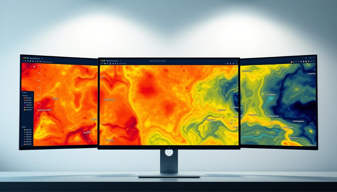 A detailed, high-resolution CRO heatmap showcasing user interaction and engagement on a website. The heatmap is displayed on a large computer monitor, positioned centrally against a minimalist, office-inspired backdrop with muted grays and blues. The monitor casts a soft, indirect light, creating depth and dimension. The heatmap itself is vibrant, with distinct hot and cool zones highlighting areas of focus, conversion, and user drop-off. The composition emphasizes the importance of data-driven insights for optimizing website performance and driving higher conversions.