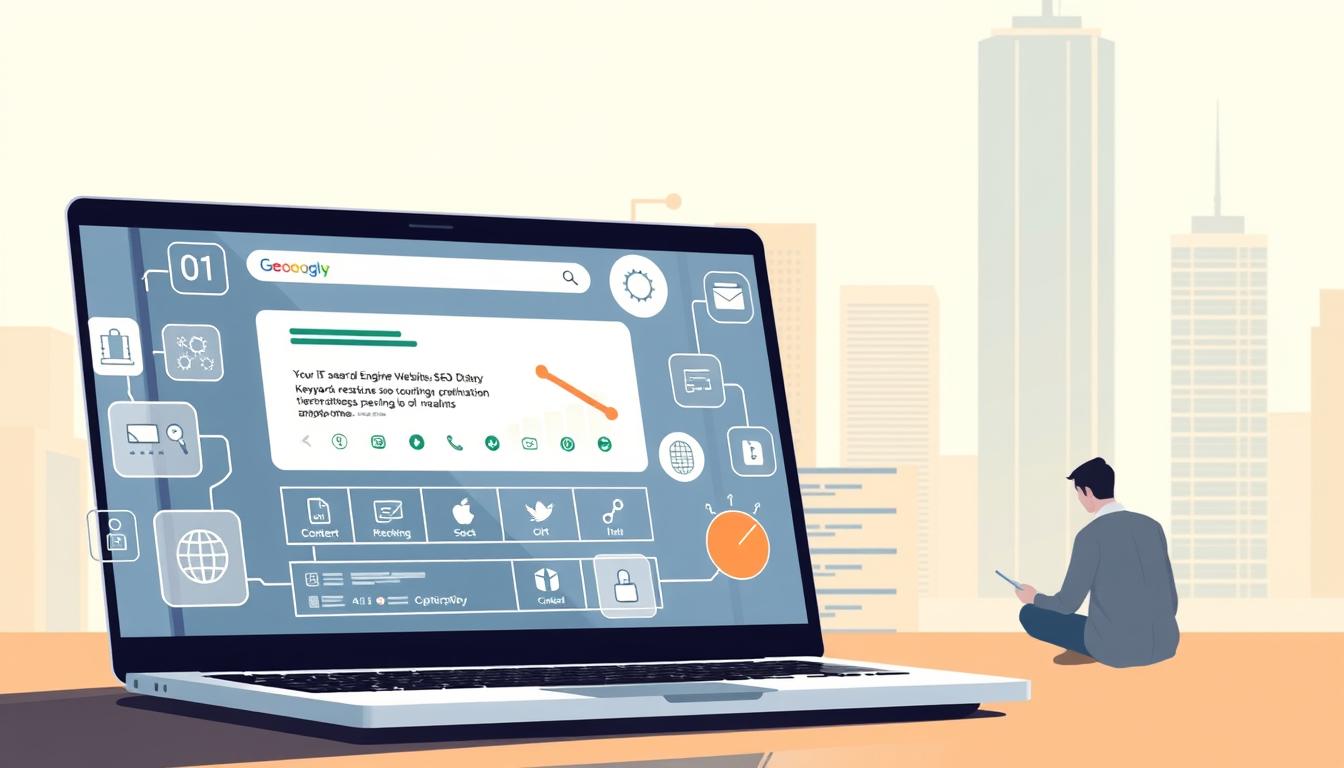 A detailed digital illustration of an effective SEO strategy in a modern, minimalist style. In the foreground, a laptop screen displays a search engine results page with a #1 ranking website, surrounded by icons representing various SEO techniques like keyword research, technical optimization, content creation, and link building. In the middle ground, a person sits thoughtfully, analyzing the data on the screen. The background features a clean, geometric cityscape with skyscrapers and a bright, warm color palette, conveying a sense of progress and success. The composition is balanced, the lighting is soft and directional, and the overall tone is one of professionalism, strategy, and optimization.