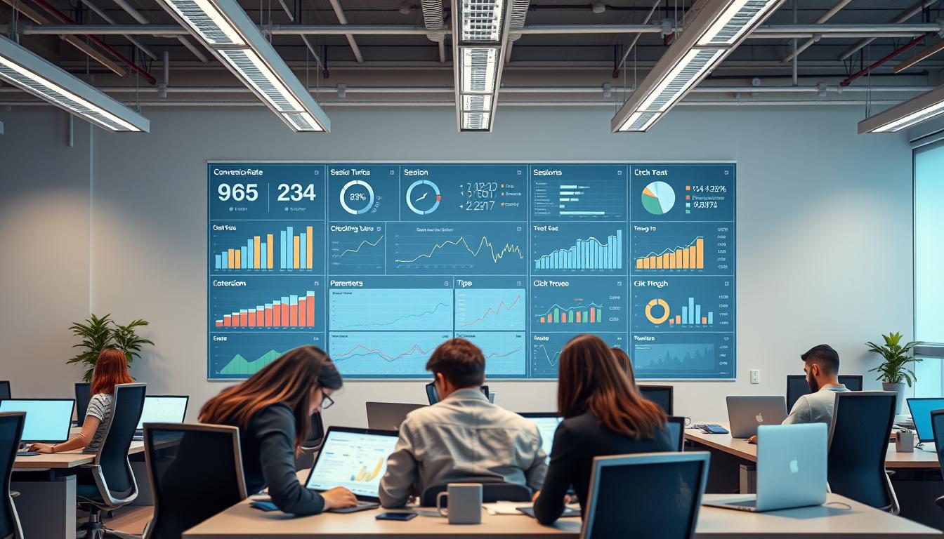 A bustling office setting with sleek, modern desks and ergonomic chairs. Overhead, fluorescent lighting casts a soft, even glow, illuminating a wall-mounted dashboard displaying a variety of user experience metrics: conversion rates, bounce rates, session durations, and click-through data, visualized through elegant infographics and line charts. In the foreground, a group of data analysts pore over laptops, carefully examining the metrics and collaborating to identify areas for improvement. The atmosphere is one of focused concentration, with a sense of purpose and dedication to optimizing the user experience.