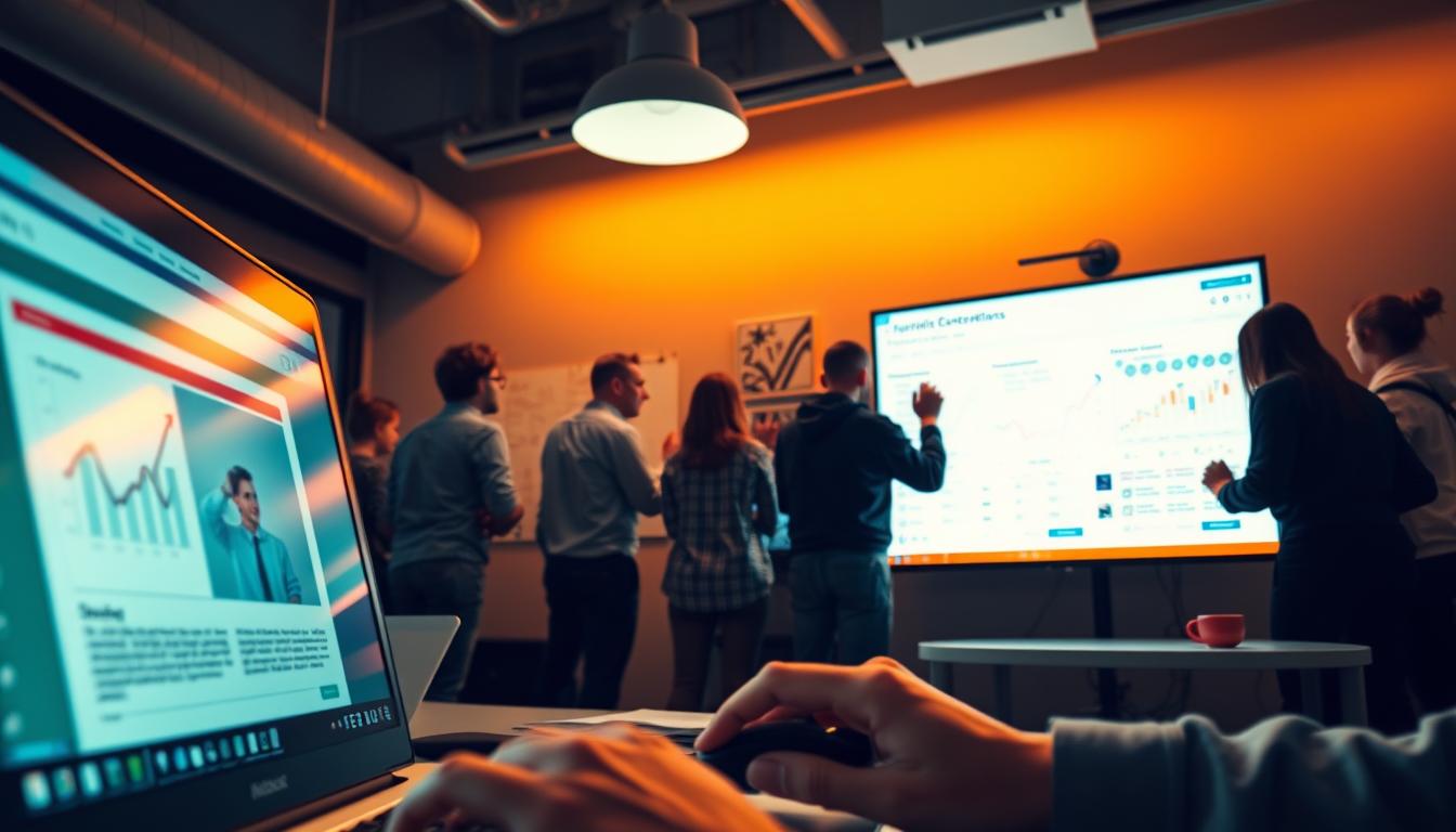 A bustling office setting, dimly lit with warm overhead lighting, showcasing various conversion optimization techniques. In the foreground, a laptop screen displays a split-test experiment, while a hand hovers over a computer mouse, ready to analyze the results. In the middle ground, a team huddles around a whiteboard, brainstorming ideas for improving website layout and user experience. In the background, a wall-mounted monitor displays a web analytics dashboard, providing insights into customer behavior and conversion metrics. The atmosphere is one of focused collaboration, with an air of anticipation as the team works to unlock higher conversions.