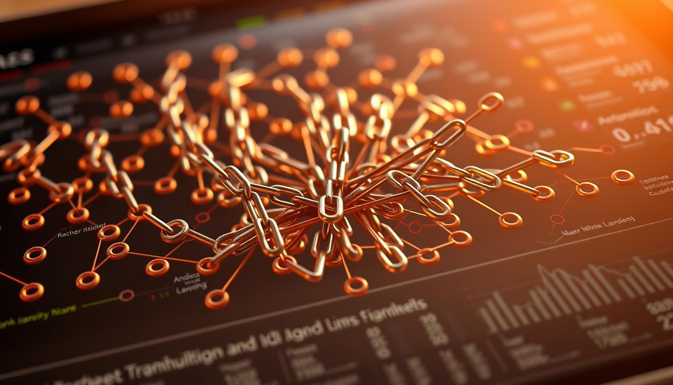 A detailed, high-quality backlink profile with various link types, diverse anchor texts, and a natural link velocity, all bathed in warm, diffused lighting and captured from a slightly elevated, diagonal angle to convey the importance and complexity of this critical Google ranking factor. The scene features a central web of interconnected backlinks, surrounded by a middle ground of detailed link metrics and analytics, all set against a soft, blurred background suggesting the broader digital landscape.