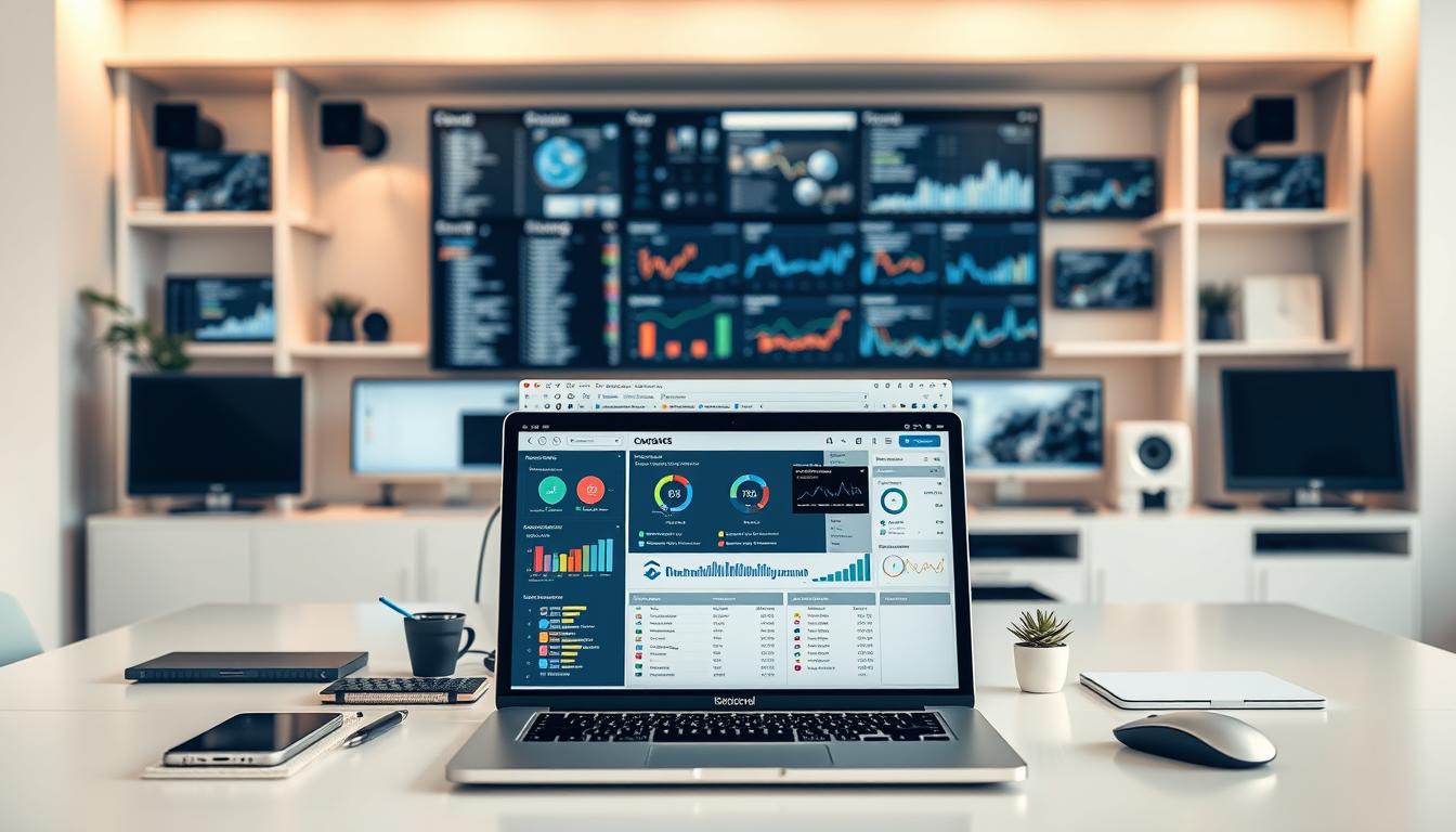 A modern, well-lit office workspace featuring an array of SEO software and tools. In the foreground, a sleek laptop displays a comprehensive SEO dashboard, surrounded by a variety of devices and accessories like a smartphone, digital pen, and mouse. In the middle ground, a large monitor showcases detailed analytics and keyword research, while in the background, various other screens and devices create a tech-savvy, productivity-driven environment. The lighting is soft and warm, creating a professional yet creative atmosphere, with clean lines and minimalist design elements throughout the scene.