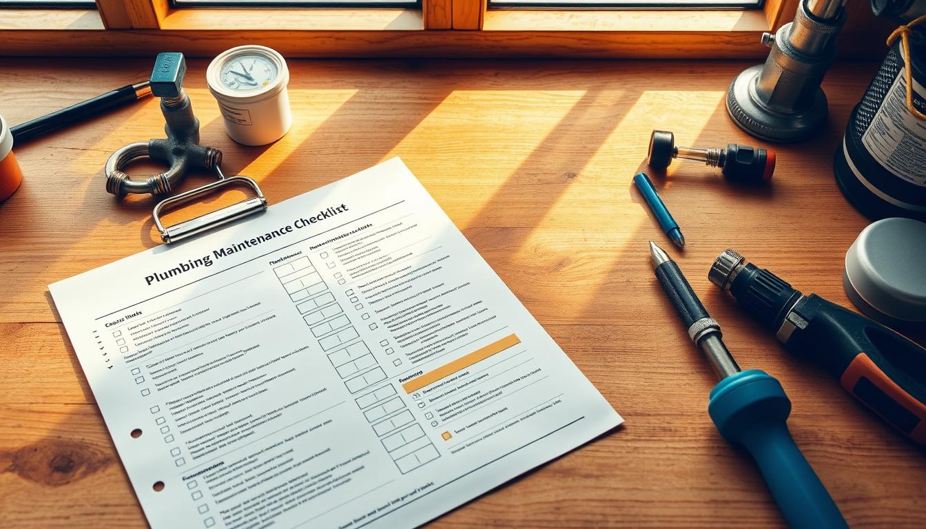 A well-organized plumbing maintenance checklist laid out on a wooden workbench, illuminated by warm, natural lighting streaming in from a nearby window. The checklist features detailed checklists and notes, with various plumbing tools and components neatly arranged around it. The scene conveys a sense of order, organization, and the importance of regular plumbing upkeep to prevent potential disasters in the home. A well-organized plumbing maintenance checklist laid out on a wooden workbench, illuminated by warm, natural lighting streaming in from a nearby window. The checklist features detailed checklists and notes, with various plumbing tools and components neatly arranged around it. The scene conveys a sense of order, organization, and the importance of regular plumbing upkeep to prevent potential disasters in the home.