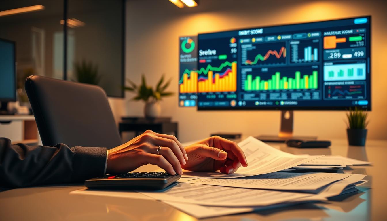 A sleek, modern office setting with a desktop computer, calculator, and documents spread out, illuminated by warm, focused lighting. In the foreground, a person's hands are actively inputting data and reviewing credit reports, symbolizing the rapid rescoring process. The background features a large monitor displaying credit score charts and analytics, providing a visual representation of the rescoring progress. The overall atmosphere conveys a sense of efficiency, diligence, and financial empowerment, mirroring the &quot;Preparing for Rapid Rescoring and Mortgage Application&quot; section of the article.