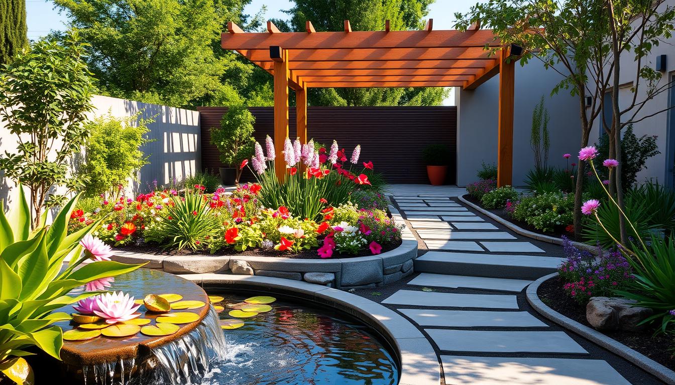 A vibrant, contemporary landscape design system featuring a harmonious blend of lush greenery, bold color accents, and clean geometric forms. In the foreground, an elegant water feature with cascading waterfalls and lily pads gently reflects the shifting light. The middle ground showcases a well-manicured garden bed brimming with a curated selection of colorful perennials and annuals, their petals dancing in a soft breeze. In the background, a sleek wooden pergola casts warm, natural shadows across the scene, complemented by a striking, minimalist stone pathway leading the eye through the tranquil composition. The overall mood is one of calm sophistication, inviting the viewer to imagine this serene oasis as the perfect low-maintenance centerpiece for a small, modern front yard. A vibrant, contemporary landscape design system featuring a harmonious blend of lush greenery, bold color accents, and clean geometric forms. In the foreground, an elegant water feature with cascading waterfalls and lily pads gently reflects the shifting light. The middle ground showcases a well-manicured garden bed brimming with a curated selection of colorful perennials and annuals, their petals dancing in a soft breeze. In the background, a sleek wooden pergola casts warm, natural shadows across the scene, complemented by a striking, minimalist stone pathway leading the eye through the tranquil composition. The overall mood is one of calm sophistication, inviting the viewer to imagine this serene oasis as the perfect low-maintenance centerpiece for a small, modern front yard.