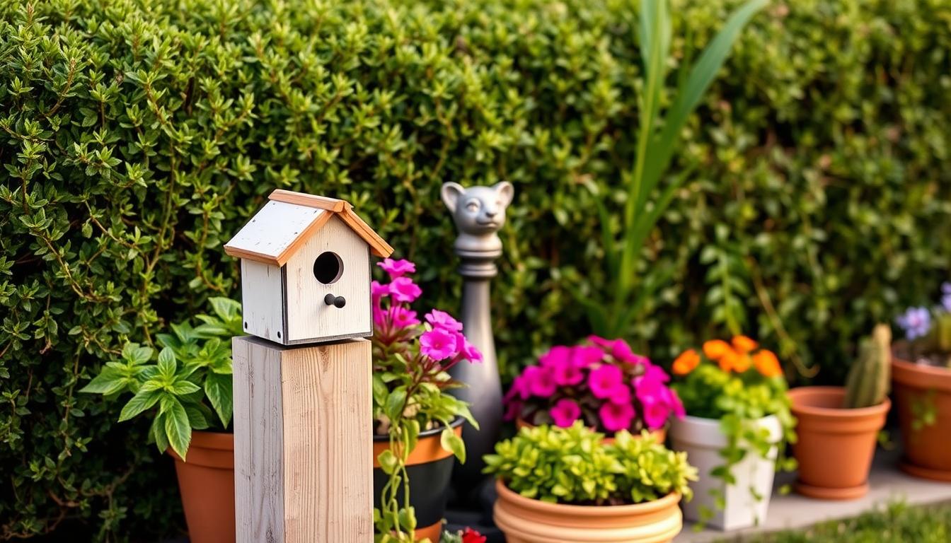 Cozy front yard vignette featuring an assortment of affordable garden accessories. In the foreground, a rustic birdhouse with a gently distressed finish perches atop a simple wooden post. Surrounding it, a mix of vibrant potted plants and cascading trailing vines add pops of lush greenery. In the middle ground, a whimsical garden statue, perhaps a small animal or figurine, stands guard. The background is filled with a low, neatly trimmed hedge, providing a natural backdrop. The overall lighting is soft and warm, creating an inviting, down-to-earth atmosphere ideal for a small, well-maintained front yard. Cozy front yard vignette featuring an assortment of affordable garden accessories. In the foreground, a rustic birdhouse with a gently distressed finish perches atop a simple wooden post. Surrounding it, a mix of vibrant potted plants and cascading trailing vines add pops of lush greenery. In the middle ground, a whimsical garden statue, perhaps a small animal or figurine, stands guard. The background is filled with a low, neatly trimmed hedge, providing a natural backdrop. The overall lighting is soft and warm, creating an inviting, down-to-earth atmosphere ideal for a small, well-maintained front yard.