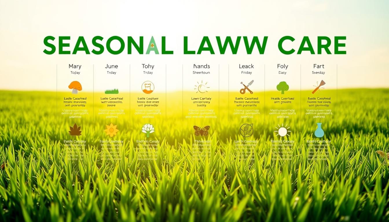 A vibrant seasonal lawn care calendar, featuring a lush green lawn in the foreground, surrounded by neatly arranged icons and illustrations depicting various lawn care tasks for each season. The background is a soft, gradient-based sky, conveying a sense of tranquility. The lighting is natural and warm, creating a welcoming atmosphere. The composition is balanced, with the calendar elements tastefully arranged to guide the viewer's eye. The overall style is a harmonious blend of realism and minimalist design, making it an informative and visually appealing illustration for the article's "Seasonal Lawn Care" section. A vibrant seasonal lawn care calendar, featuring a lush green lawn in the foreground, surrounded by neatly arranged icons and illustrations depicting various lawn care tasks for each season. The background is a soft, gradient-based sky, conveying a sense of tranquility. The lighting is natural and warm, creating a welcoming atmosphere. The composition is balanced, with the calendar elements tastefully arranged to guide the viewer's eye. The overall style is a harmonious blend of realism and minimalist design, making it an informative and visually appealing illustration for the article's "Seasonal Lawn Care" section.