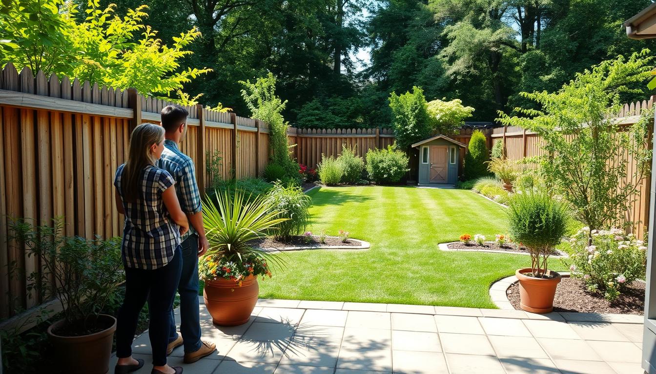 A well-lit backyard with a wooden fence, lush greenery, and a paved patio. The camera angle is slightly elevated, capturing a panoramic view of the space. In the foreground, a couple standing near a potted plant, examining the backyard's layout and features. The middle ground showcases a neatly trimmed lawn, flanked by colorful flower beds. In the background, a shed or small outbuilding blends seamlessly into the landscape. The overall atmosphere is one of tranquility and potential, inviting the viewer to envision the possibilities for upgrading and enhancing this backyard space. A well-lit backyard with a wooden fence, lush greenery, and a paved patio. The camera angle is slightly elevated, capturing a panoramic view of the space. In the foreground, a couple standing near a potted plant, examining the backyard's layout and features. The middle ground showcases a neatly trimmed lawn, flanked by colorful flower beds. In the background, a shed or small outbuilding blends seamlessly into the landscape. The overall atmosphere is one of tranquility and potential, inviting the viewer to envision the possibilities for upgrading and enhancing this backyard space.