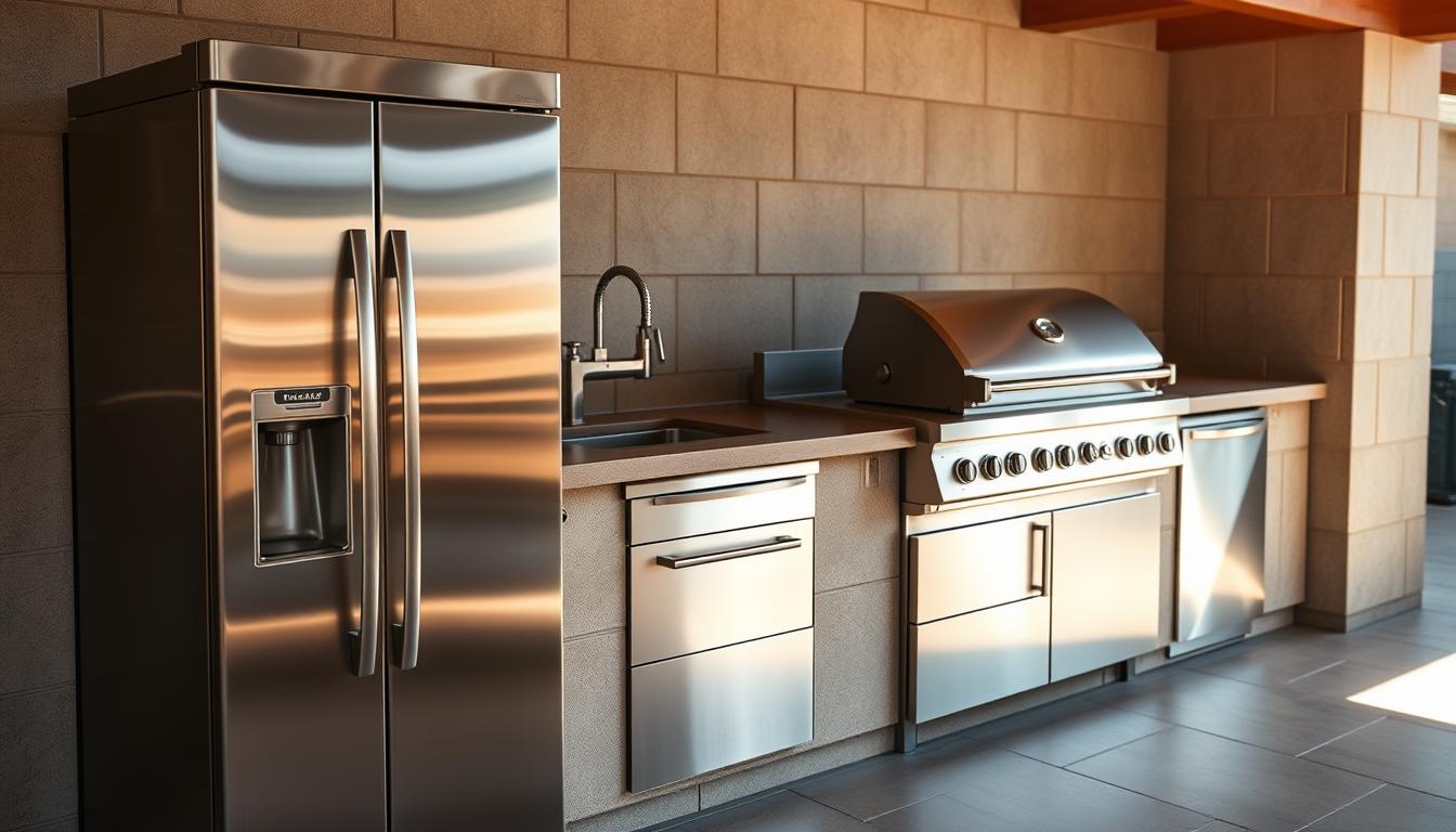 A gleaming set of stainless steel appliances, meticulously crafted with clean, minimalist lines. Capture the sleek, high-end aesthetic of a gourmet outdoor kitchen, with a focus on the smooth, reflective surfaces and sharp edges of the refrigerator, grill, and sink. Bathe the scene in warm, natural lighting that highlights the appliances' lustrous finish, creating a sense of quality and luxury. Convey a mood of sophistication and culinary excellence, perfectly suited for entertaining guests in an alfresco setting. A gleaming set of stainless steel appliances, meticulously crafted with clean, minimalist lines. Capture the sleek, high-end aesthetic of a gourmet outdoor kitchen, with a focus on the smooth, reflective surfaces and sharp edges of the refrigerator, grill, and sink. Bathe the scene in warm, natural lighting that highlights the appliances' lustrous finish, creating a sense of quality and luxury. Convey a mood of sophistication and culinary excellence, perfectly suited for entertaining guests in an alfresco setting.