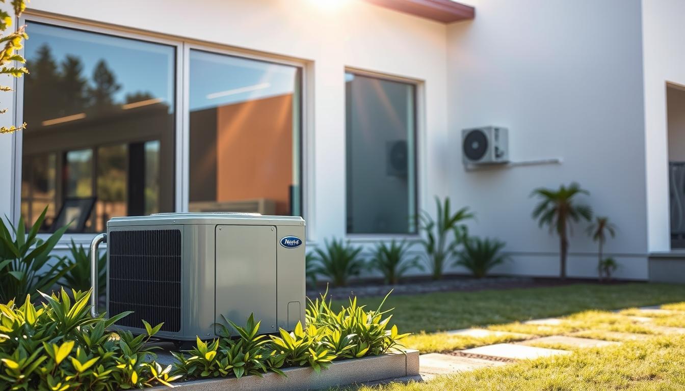 A modern, energy-efficient HVAC system with sleek, minimalist design. In the foreground, a high-efficiency compressor unit sits atop a concrete pad, surrounded by lush greenery. In the middle ground, a discreet air handler is embedded within the wall, seamlessly integrated into the home's architecture. Sunlight streams in through large windows, casting a warm, soft glow over the scene. The background features a clean, contemporary exterior with clean lines and a neutral color palette. The overall atmosphere conveys a sense of efficiency, sustainability, and harmony between the home and its mechanical systems. A modern, energy-efficient HVAC system with sleek, minimalist design. In the foreground, a high-efficiency compressor unit sits atop a concrete pad, surrounded by lush greenery. In the middle ground, a discreet air handler is embedded within the wall, seamlessly integrated into the home's architecture. Sunlight streams in through large windows, casting a warm, soft glow over the scene. The background features a clean, contemporary exterior with clean lines and a neutral color palette. The overall atmosphere conveys a sense of efficiency, sustainability, and harmony between the home and its mechanical systems.