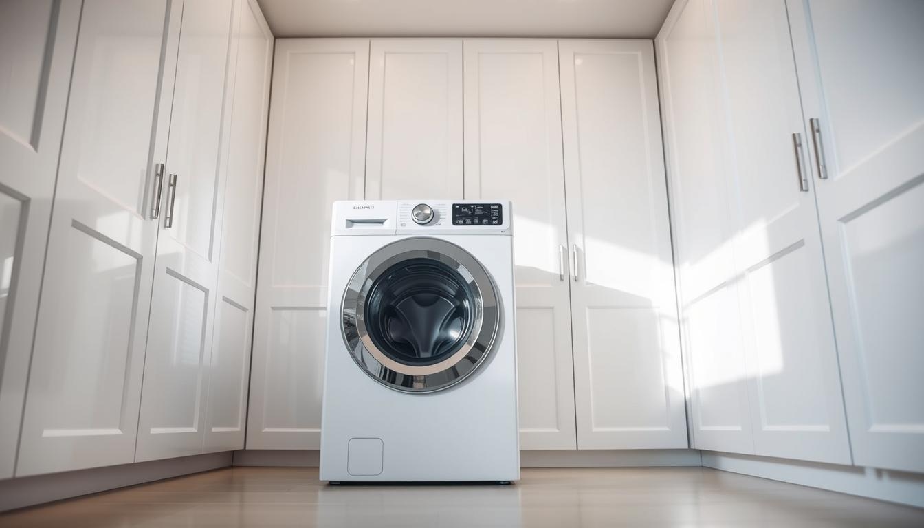 A sleek, energy-efficient washing machine stands in a well-lit, minimalist laundry room. Gleaming white panels reflect the soft, diffused lighting, while the machine's control panel displays its eco-friendly settings. The machine's front-loading design and high-efficiency rating are prominently featured, conveying its environmental benefits. The room's neutral color palette and clean lines create a serene, modern atmosphere, emphasizing the machine's role in sustainable home design. The entire scene is captured from a low, slightly angled perspective, drawing the viewer's attention to the appliance's thoughtful integration into the space.
