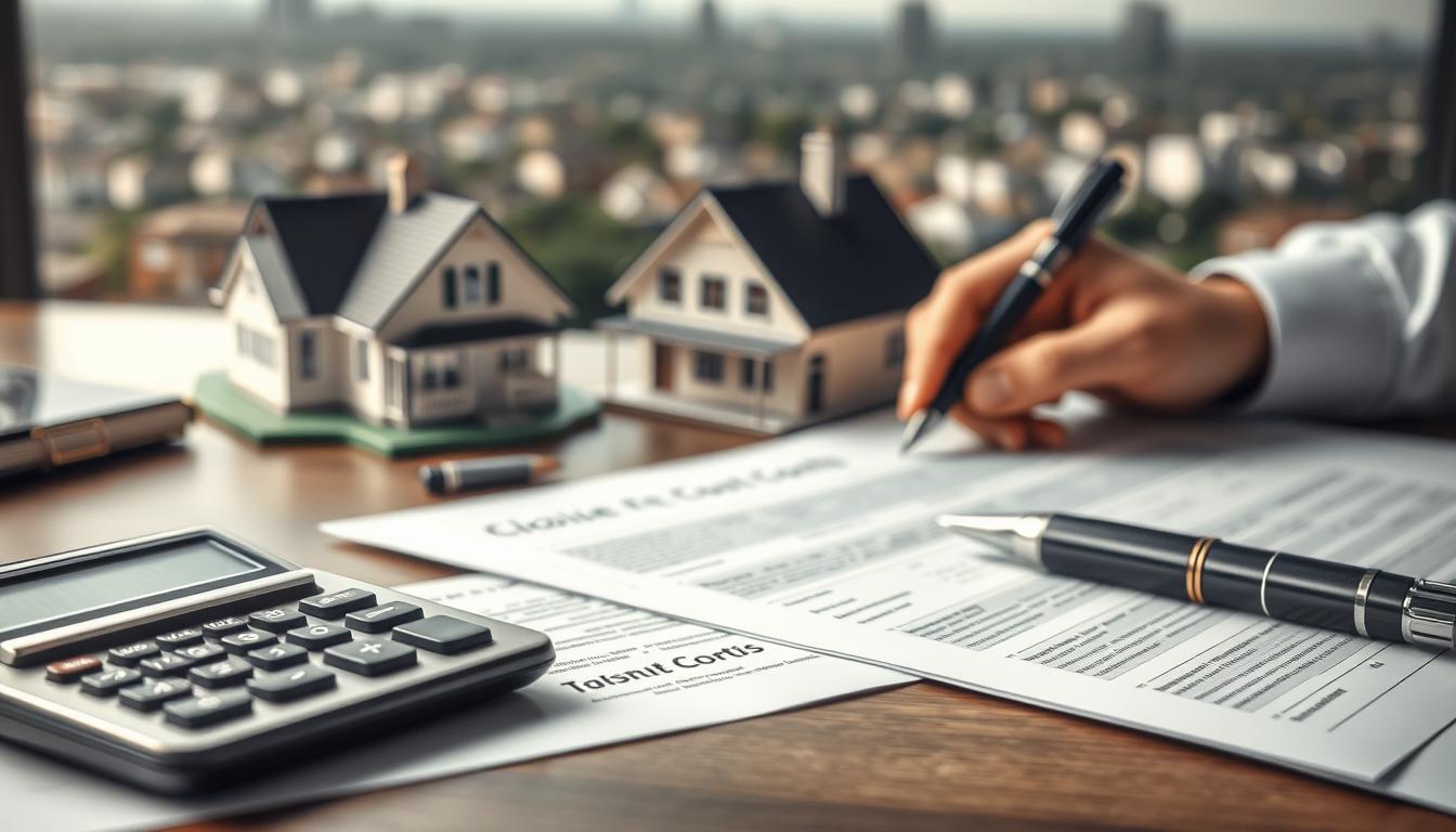 A realistic scene depicting the financial aspects of a home purchase, with a detailed focus on appraisal and closing costs. In the foreground, a calculator, pen, and documents representing the paperwork involved in these hidden fees. In the middle ground, a model house and a hand signing documents, symbolizing the home buying process. In the background, a cityscape or neighborhood, conveying the larger context of the real estate transaction. The lighting is soft and professional, creating a sense of seriousness and importance. The color palette is subdued, with muted tones that evoke a sense of gravity and complexity around these often overlooked costs. A realistic scene depicting the financial aspects of a home purchase, with a detailed focus on appraisal and closing costs. In the foreground, a calculator, pen, and documents representing the paperwork involved in these hidden fees. In the middle ground, a model house and a hand signing documents, symbolizing the home buying process. In the background, a cityscape or neighborhood, conveying the larger context of the real estate transaction. The lighting is soft and professional, creating a sense of seriousness and importance. The color palette is subdued, with muted tones that evoke a sense of gravity and complexity around these often overlooked costs.