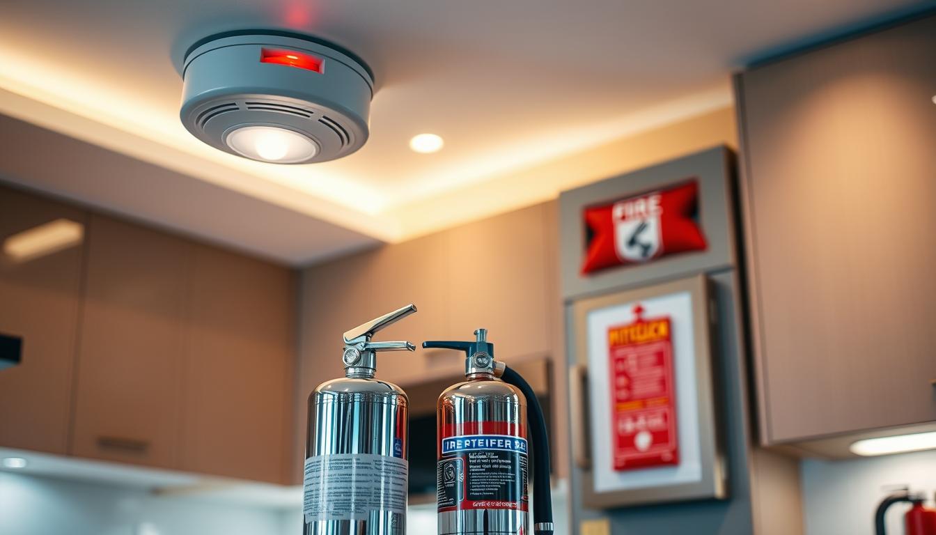 A well-lit kitchen interior, showcasing an array of modern fire safety appliances. In the foreground, a sleek and minimalist smoke detector is mounted on the ceiling, its red indicator light subtly pulsing. Beside it, a high-tech fire extinguisher in a chrome finish stands ready on the kitchen counter. Further back, a sturdy, wall-mounted fire blanket cabinet blends seamlessly with the neutral-toned cabinetry. Indirect lighting from above casts a warm, inviting glow across the scene, emphasizing the importance of these essential home safety devices. A well-lit kitchen interior, showcasing an array of modern fire safety appliances. In the foreground, a sleek and minimalist smoke detector is mounted on the ceiling, its red indicator light subtly pulsing. Beside it, a high-tech fire extinguisher in a chrome finish stands ready on the kitchen counter. Further back, a sturdy, wall-mounted fire blanket cabinet blends seamlessly with the neutral-toned cabinetry. Indirect lighting from above casts a warm, inviting glow across the scene, emphasizing the importance of these essential home safety devices.