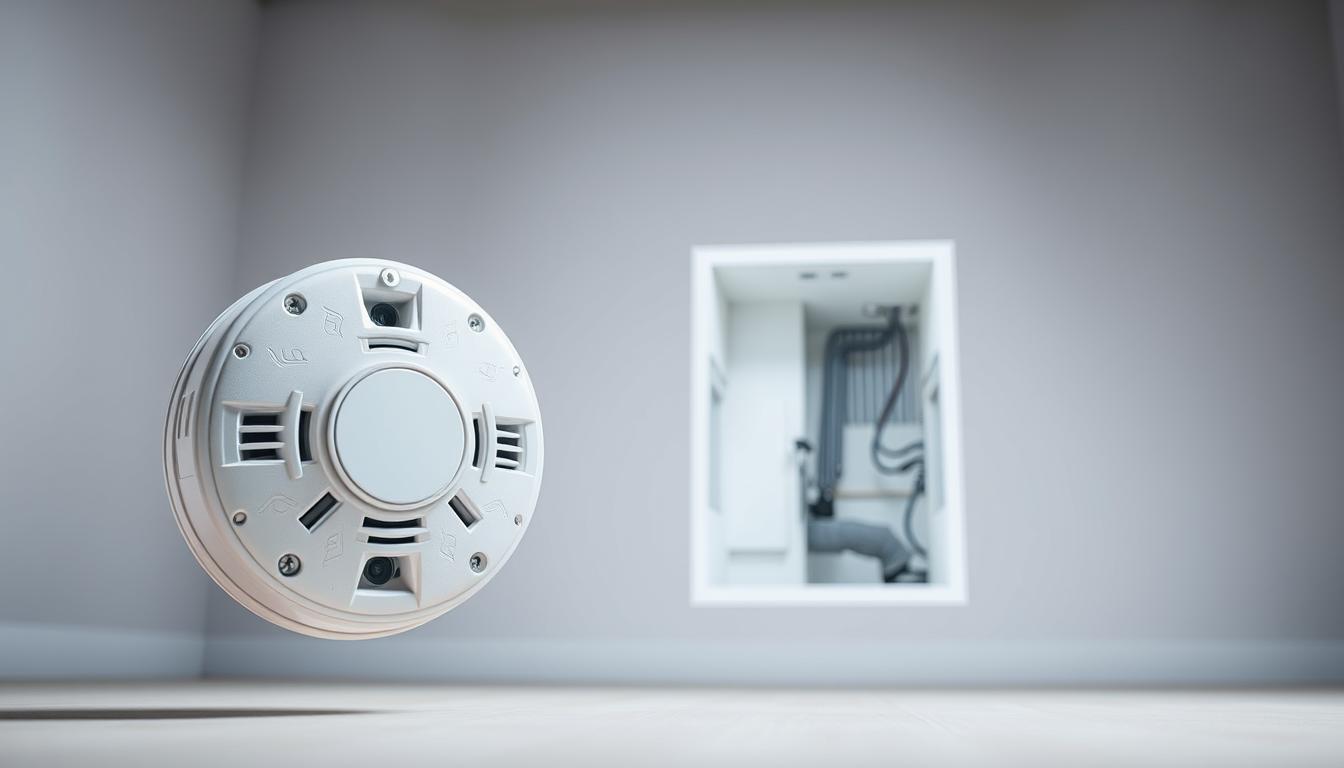 A technical diagram of a smoke alarm installation, depicted in a crisp, detailed manner under bright, evenly-distributed studio lighting. The foreground shows the smoke alarm device itself, with clear views of its components and mounting hardware. The middle ground presents a sectional cutaway of a wall, revealing the internal structure and wiring necessary for proper installation. The background subtly depicts the surrounding room, with neutral colors and minimal distractions, allowing the technical elements to take center stage. The overall mood is informative and instructional, conveying the importance of proper smoke alarm setup for fire safety. A technical diagram of a smoke alarm installation, depicted in a crisp, detailed manner under bright, evenly-distributed studio lighting. The foreground shows the smoke alarm device itself, with clear views of its components and mounting hardware. The middle ground presents a sectional cutaway of a wall, revealing the internal structure and wiring necessary for proper installation. The background subtly depicts the surrounding room, with neutral colors and minimal distractions, allowing the technical elements to take center stage. The overall mood is informative and instructional, conveying the importance of proper smoke alarm setup for fire safety.