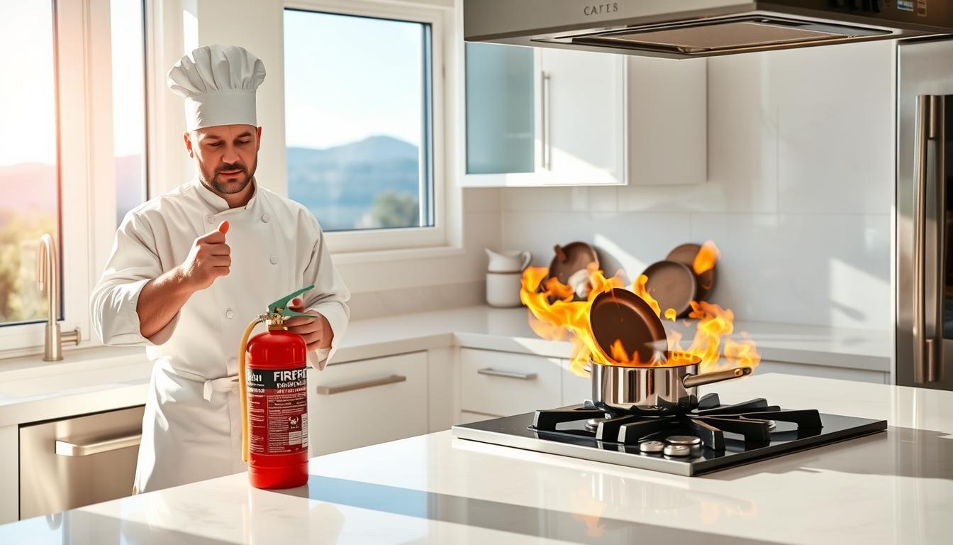 A modern, well-equipped kitchen with stainless steel appliances and bright, natural lighting. In the foreground, a chef dressed in a white apron and hat is demonstrating proper fire safety techniques, such as using a fire extinguisher and keeping a pan lid nearby to smother flames. The middle ground features a stovetop with a pot simmering, and a clear, uncluttered countertop. The background showcases a clean, organized kitchen environment with a window overlooking a scenic outdoor view, emphasizing the importance of fire prevention in the heart of the home. A modern, well-equipped kitchen with stainless steel appliances and bright, natural lighting. In the foreground, a chef dressed in a white apron and hat is demonstrating proper fire safety techniques, such as using a fire extinguisher and keeping a pan lid nearby to smother flames. The middle ground features a stovetop with a pot simmering, and a clear, uncluttered countertop. The background showcases a clean, organized kitchen environment with a window overlooking a scenic outdoor view, emphasizing the importance of fire prevention in the heart of the home.