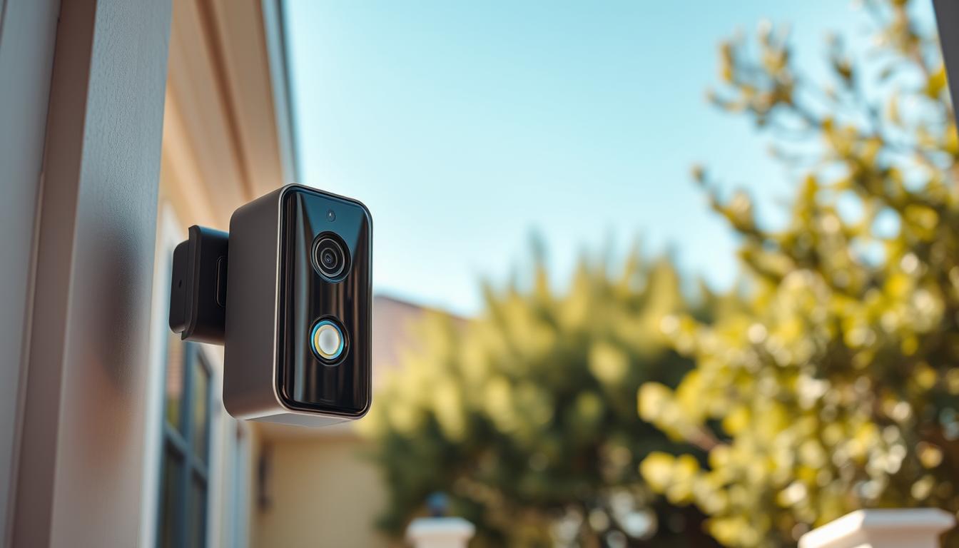 A sleek, modern video doorbell with advanced HDR capabilities, capturing vivid details in both bright and shadowy areas. The device is mounted on a sturdy, minimalist housing, blending seamlessly with the entryway's architectural elements. The camera lens is positioned to provide a wide, comprehensive view of the front porch, ensuring no visitor goes unnoticed. Soft, even lighting illuminates the scene, creating a warm, welcoming atmosphere. In the background, the sky is clear and the surrounding foliage is crisp, showcasing the doorbell's superior image quality and dynamic range. The overall composition highlights the smart doorbell's key features, emphasizing its reliability and visual appeal as a practical, high-performance home security solution.