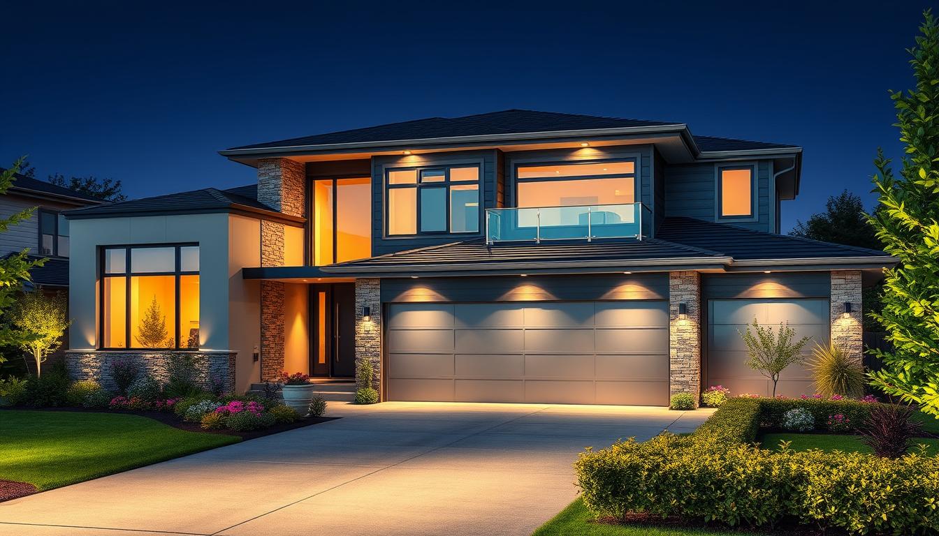 A modern, well-appointed home exterior with a sleek, contemporary design. The front façade features large windows, clean lines, and a tasteful blend of materials like glass, stone, and metal. The home is set against a lush, manicured landscape with vibrant greenery and flowering plants. Warm, directional lighting highlights the architectural details, creating a welcoming and inviting atmosphere. The driveway leads to a spacious, two-car garage, and the property is framed by a tasteful, low-profile fence or hedge. The overall impression is one of sophistication, comfort, and exceptional curb appeal, perfectly showcasing the property's desirable features for potential buyers.