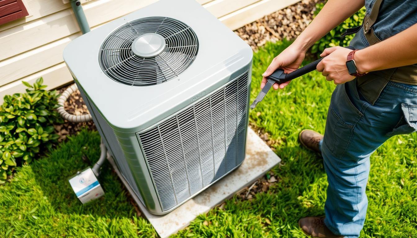 Outdoor unit maintenance: a well-lit, high-angle view of a residential HVAC outdoor unit, surrounded by a neatly trimmed lawn and lush greenery. The unit's metal casing is clean and free of debris, with the fan spinning gently. In the foreground, a person in work clothes is inspecting the unit, using a tool to clean the coils. The scene conveys a sense of diligence and care in maintaining the HVAC system for optimal performance and longevity. Outdoor unit maintenance: a well-lit, high-angle view of a residential HVAC outdoor unit, surrounded by a neatly trimmed lawn and lush greenery. The unit's metal casing is clean and free of debris, with the fan spinning gently. In the foreground, a person in work clothes is inspecting the unit, using a tool to clean the coils. The scene conveys a sense of diligence and care in maintaining the HVAC system for optimal performance and longevity.
