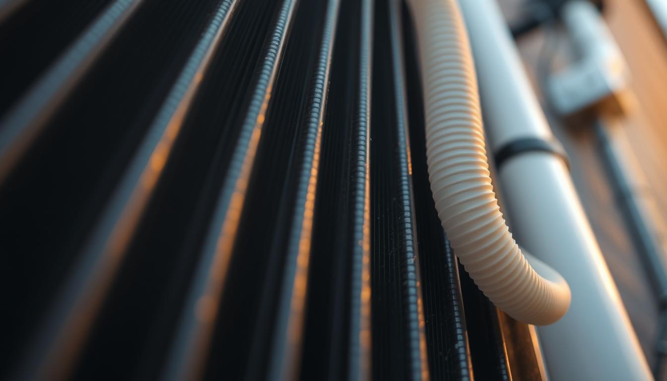 A clean, well-maintained HVAC system with spotless condenser coils and drain lines. Close-up shot of the condenser unit, with its coils glistening in the soft, warm lighting. The drain line, free of debris, smoothly carries away excess condensation. The scene exudes a sense of order and efficiency, suggesting a properly functioning and well-cared-for system. The camera angle is slightly elevated, providing a clear, unobstructed view of the critical components. The background is blurred, keeping the focus solely on the condenser coils and drain lines in the foreground. A clean, well-maintained HVAC system with spotless condenser coils and drain lines. Close-up shot of the condenser unit, with its coils glistening in the soft, warm lighting. The drain line, free of debris, smoothly carries away excess condensation. The scene exudes a sense of order and efficiency, suggesting a properly functioning and well-cared-for system. The camera angle is slightly elevated, providing a clear, unobstructed view of the critical components. The background is blurred, keeping the focus solely on the condenser coils and drain lines in the foreground.