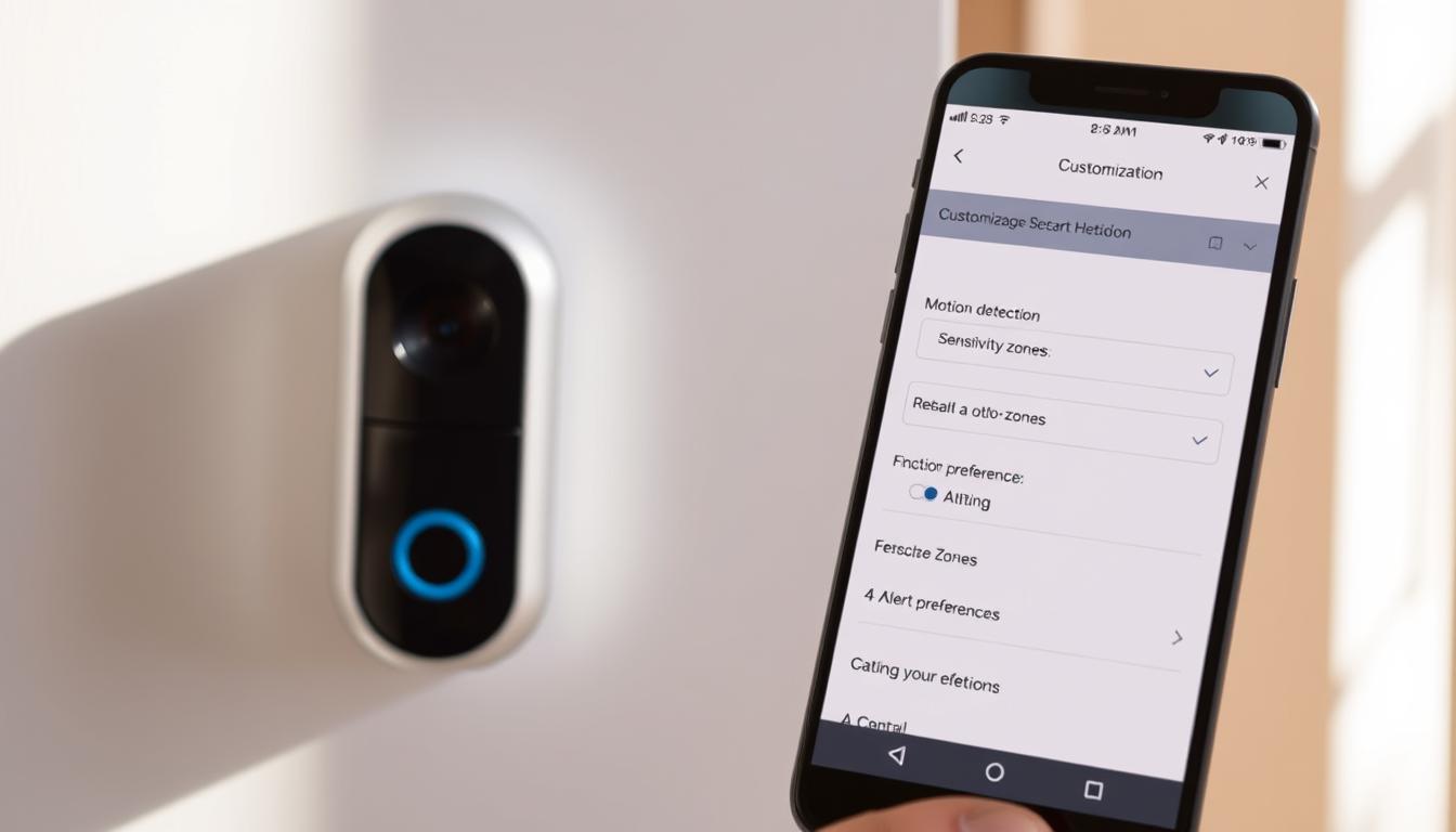 A modern smart doorbell with sleek, minimalist design sits on a white wall, casting soft shadows. The camera lens is prominently featured, suggesting advanced detection capabilities. In the foreground, a smartphone screen displays customization options for motion detection sensitivity, zones, and alert preferences, allowing the user to fine-tune the system for their needs. The background blurs slightly, keeping the focus on the interactive device interface and personalization controls. Warm, natural lighting creates a welcoming atmosphere, hinting at the doorbell's role in home security and convenience.