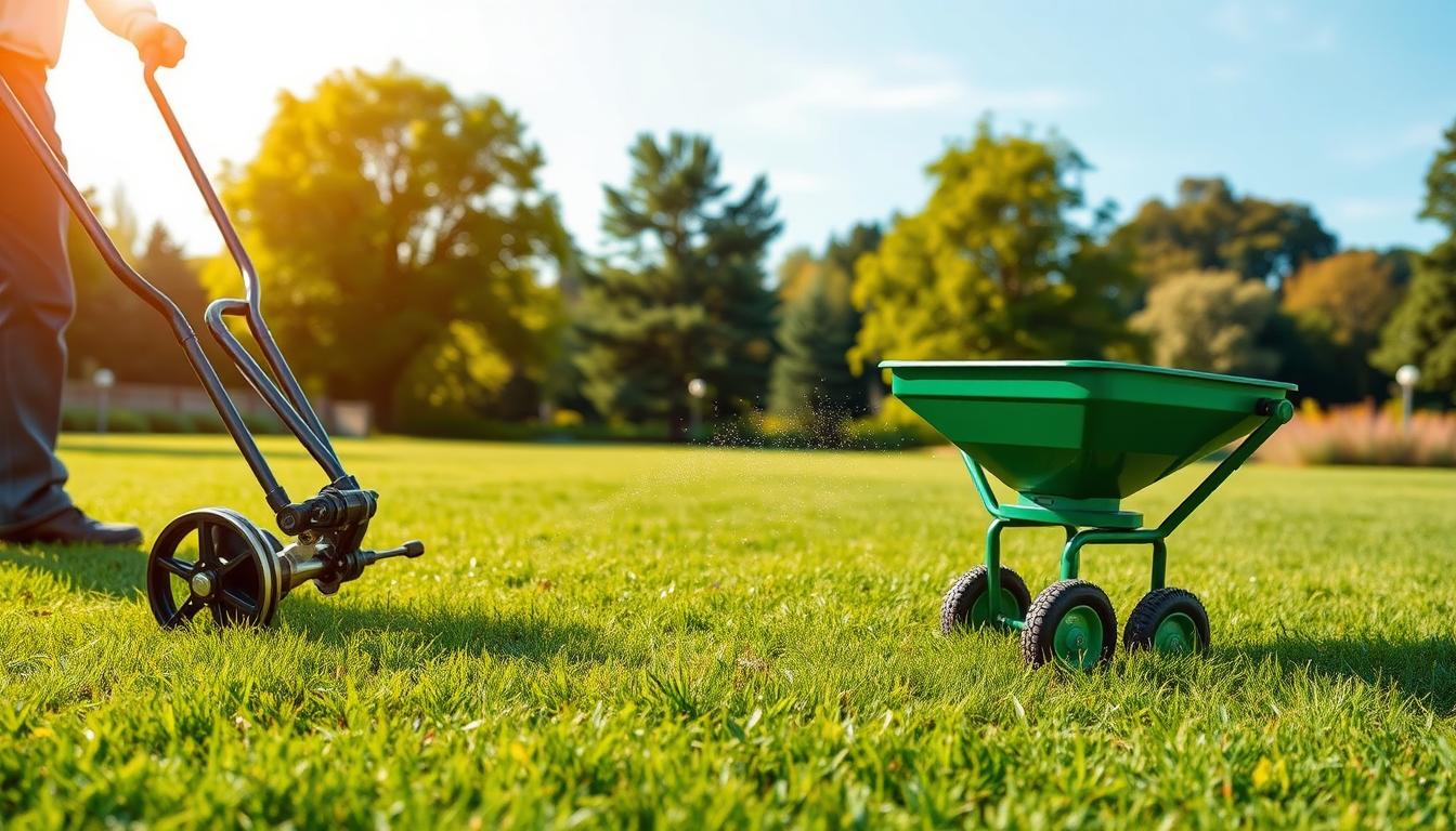 A lush, well-manicured lawn with a focus on lawn aeration and weed control. In the foreground, a person in gardening attire operates a mechanical lawn aerator, its tines piercing the soil to create channels for improved air and water circulation. In the middle ground, a hand-operated rotary spreader evenly distributes a targeted weed control product, its granules blanketing the lawn. In the background, a verdant landscape with mature trees and a clear, blue sky, creating a serene, park-like atmosphere. Warm, natural lighting illuminates the scene, casting gentle shadows and highlighting the vibrant green hues of the healthy grass. The overall composition conveys the importance of proactive lawn maintenance for a thriving, weed-free outdoor oasis. A lush, well-manicured lawn with a focus on lawn aeration and weed control. In the foreground, a person in gardening attire operates a mechanical lawn aerator, its tines piercing the soil to create channels for improved air and water circulation. In the middle ground, a hand-operated rotary spreader evenly distributes a targeted weed control product, its granules blanketing the lawn. In the background, a verdant landscape with mature trees and a clear, blue sky, creating a serene, park-like atmosphere. Warm, natural lighting illuminates the scene, casting gentle shadows and highlighting the vibrant green hues of the healthy grass. The overall composition conveys the importance of proactive lawn maintenance for a thriving, weed-free outdoor oasis.