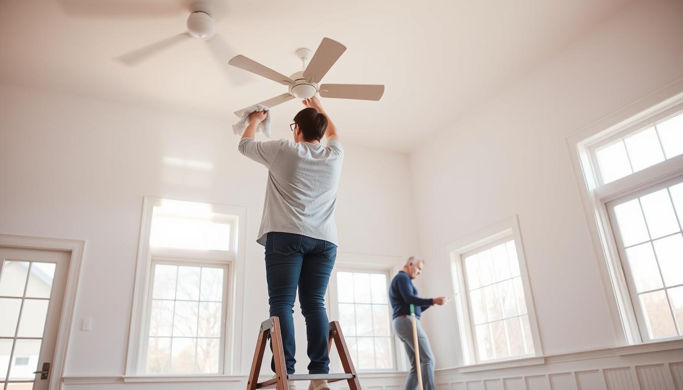 A bright, airy room with a high ceiling. In the foreground, a person standing on a step stool, carefully wiping the blades of a ceiling fan with a microfiber cloth. In the middle ground, they bend down to clean the baseboards, using a long-handled brush. The room is illuminated by natural light streaming in through large windows, casting a warm glow on the scene. The person's movements are graceful and deliberate, as they methodically work their way around the room. The overall atmosphere conveys a sense of productive, satisfying spring cleaning. A bright, airy room with a high ceiling. In the foreground, a person standing on a step stool, carefully wiping the blades of a ceiling fan with a microfiber cloth. In the middle ground, they bend down to clean the baseboards, using a long-handled brush. The room is illuminated by natural light streaming in through large windows, casting a warm glow on the scene. The person's movements are graceful and deliberate, as they methodically work their way around the room. The overall atmosphere conveys a sense of productive, satisfying spring cleaning.