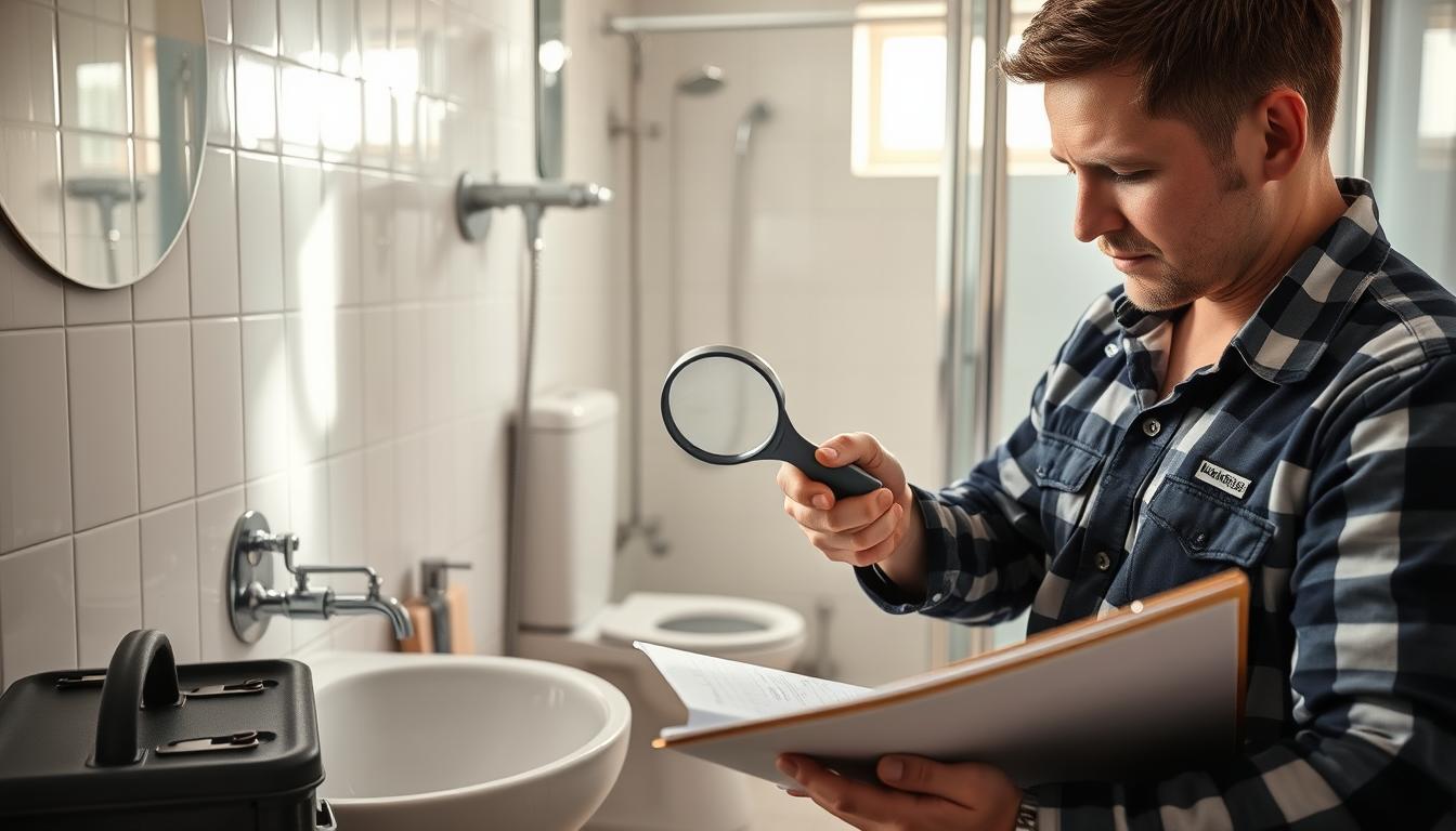 A well-lit interior scene showcasing a bathroom with a sink, toilet, and shower. In the foreground, a plumber closely inspects the water supply lines, pipes, and fixtures, using a wrench and magnifying glass to check for any signs of wear, leaks, or corrosion. The middle ground features a toolbox and a clipboard with inspection checklists. The background is a clean, tiled wall with natural lighting filtering in through a window, creating a sense of professionalism and attention to detail. The overall atmosphere conveys a thorough, systematic approach to annual plumbing maintenance, ensuring the home's plumbing system is in optimal condition. A well-lit interior scene showcasing a bathroom with a sink, toilet, and shower. In the foreground, a plumber closely inspects the water supply lines, pipes, and fixtures, using a wrench and magnifying glass to check for any signs of wear, leaks, or corrosion. The middle ground features a toolbox and a clipboard with inspection checklists. The background is a clean, tiled wall with natural lighting filtering in through a window, creating a sense of professionalism and attention to detail. The overall atmosphere conveys a thorough, systematic approach to annual plumbing maintenance, ensuring the home's plumbing system is in optimal condition.