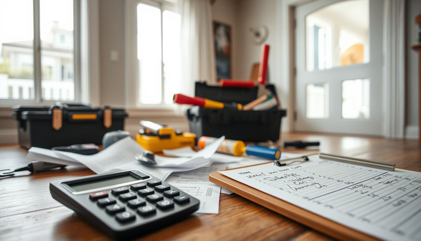 A well-lit home interior with a focus on repair cost considerations. In the foreground, a calculator, scattered receipts, and a clipboard with handwritten notes, conveying the detailed budgeting and planning required. In the middle ground, various home repair tools and materials, including a toolbox, caulk, and a paint roller, suggesting the hands-on work involved. The background features a clear view of the home's exterior, hinting at the broader context of the project. The overall mood is one of thoughtful consideration, with a subtle sense of organization and preparation for the task at hand. A well-lit home interior with a focus on repair cost considerations. In the foreground, a calculator, scattered receipts, and a clipboard with handwritten notes, conveying the detailed budgeting and planning required. In the middle ground, various home repair tools and materials, including a toolbox, caulk, and a paint roller, suggesting the hands-on work involved. The background features a clear view of the home's exterior, hinting at the broader context of the project. The overall mood is one of thoughtful consideration, with a subtle sense of organization and preparation for the task at hand.