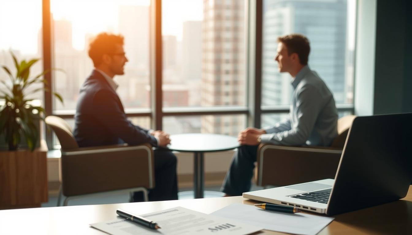 A well-lit office interior, with a desk positioned prominently in the foreground. On the desk, a laptop, a stack of documents, and a pen. In the middle ground, two people sit across from each other, engaged in a discussion, representing a mortgage lender and a prospective homebuyer. The background features a window overlooking a cityscape, creating a sense of professionalism and financial acumen. The lighting is warm and inviting, with a slightly soft focus to emphasize the interaction between the two individuals. The overall composition conveys the process of carefully selecting a mortgage lender to find the right fit for one's financial needs. A well-lit office interior, with a desk positioned prominently in the foreground. On the desk, a laptop, a stack of documents, and a pen. In the middle ground, two people sit across from each other, engaged in a discussion, representing a mortgage lender and a prospective homebuyer. The background features a window overlooking a cityscape, creating a sense of professionalism and financial acumen. The lighting is warm and inviting, with a slightly soft focus to emphasize the interaction between the two individuals. The overall composition conveys the process of carefully selecting a mortgage lender to find the right fit for one's financial needs.