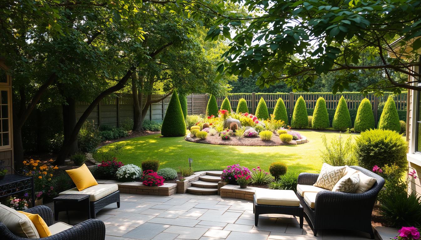 A lush, well-manicured backyard with a beautiful stone patio, surrounded by a variety of vibrant flowers and neatly trimmed shrubs. In the foreground, a cozy seating area with comfortable outdoor furniture invites relaxation. Mature trees provide dappled shade, creating a warm, inviting atmosphere. In the middle ground, a neatly edged garden bed showcases a mix of colorful blooms and carefully arranged landscaping elements. The background features a picturesque fence or hedgerow, further enhancing the sense of privacy and tranquility. The lighting is soft and natural, casting a golden glow over the scene, creating a serene and inviting atmosphere. A lush, well-manicured backyard with a beautiful stone patio, surrounded by a variety of vibrant flowers and neatly trimmed shrubs. In the foreground, a cozy seating area with comfortable outdoor furniture invites relaxation. Mature trees provide dappled shade, creating a warm, inviting atmosphere. In the middle ground, a neatly edged garden bed showcases a mix of colorful blooms and carefully arranged landscaping elements. The background features a picturesque fence or hedgerow, further enhancing the sense of privacy and tranquility. The lighting is soft and natural, casting a golden glow over the scene, creating a serene and inviting atmosphere.