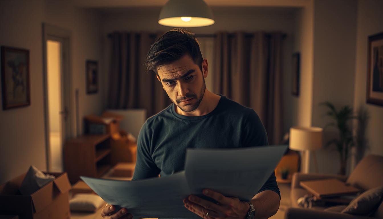 A pensive individual stands in a dimly lit room, their gaze fixed on a stack of paperwork, a look of unease and uncertainty etched on their face. The soft, warm lighting casts long shadows, creating a sense of introspection and inner turmoil. The cluttered background, with half-packed boxes and furniture, suggests the recent completion of a home purchase. The subject's body language conveys a sense of doubt and regret, reflecting the emotional turmoil of "buyer's remorse" during a significant life transition. A pensive individual stands in a dimly lit room, their gaze fixed on a stack of paperwork, a look of unease and uncertainty etched on their face. The soft, warm lighting casts long shadows, creating a sense of introspection and inner turmoil. The cluttered background, with half-packed boxes and furniture, suggests the recent completion of a home purchase. The subject's body language conveys a sense of doubt and regret, reflecting the emotional turmoil of "buyer's remorse" during a significant life transition.