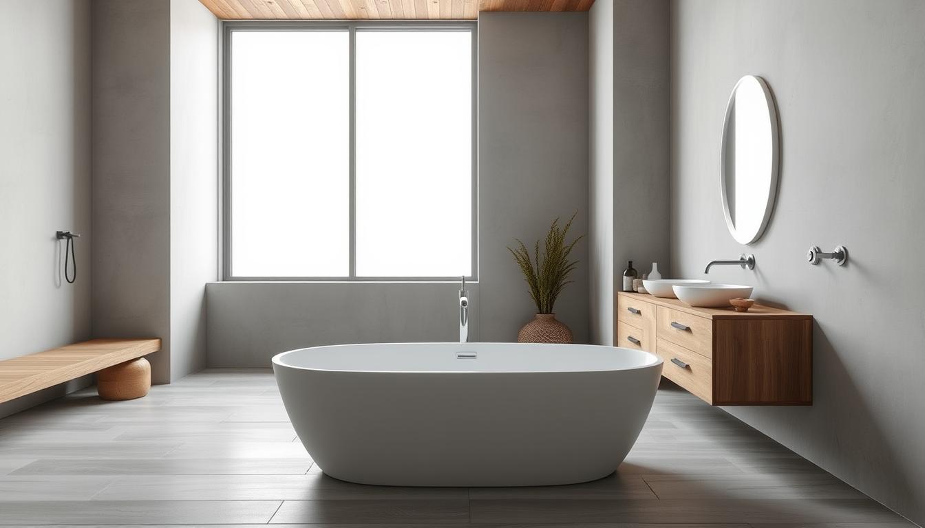 a minimalist, calming urban zen bathroom with a freestanding bathtub in the foreground, surrounded by a minimalist vanity, sleek fixtures, and natural textures like wood and stone. a large window in the background floods the space with soft, diffused natural lighting, creating a serene and airy atmosphere. the color palette is muted, with shades of gray, white, and natural wood tones. the layout is clean and uncluttered, emphasizing the sense of tranquility and simplicity. the overall design evokes a sophisticated, spa-like ambiance on a modest budget. a minimalist, calming urban zen bathroom with a freestanding bathtub in the foreground, surrounded by a minimalist vanity, sleek fixtures, and natural textures like wood and stone. a large window in the background floods the space with soft, diffused natural lighting, creating a serene and airy atmosphere. the color palette is muted, with shades of gray, white, and natural wood tones. the layout is clean and uncluttered, emphasizing the sense of tranquility and simplicity. the overall design evokes a sophisticated, spa-like ambiance on a modest budget.