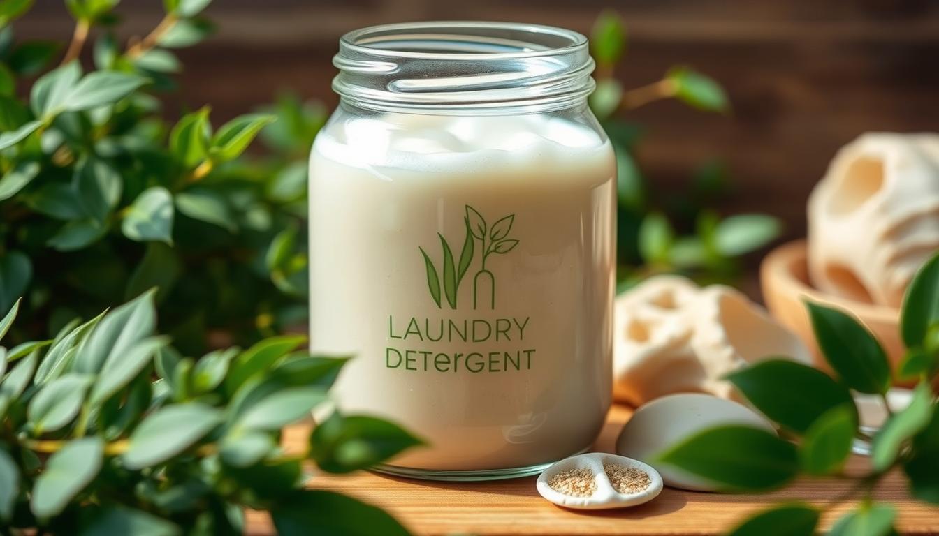 A glass jar filled with a natural, plant-based laundry detergent in an earthy, muted color palette. The jar is set on a wooden surface, surrounded by lush greenery and natural elements like stones or seashells, creating a serene, eco-friendly atmosphere. Soft, natural lighting illuminates the scene, highlighting the transparency of the jar and the gentle, foaming texture of the detergent. The overall composition conveys a sense of purity, simplicity, and environmental consciousness.