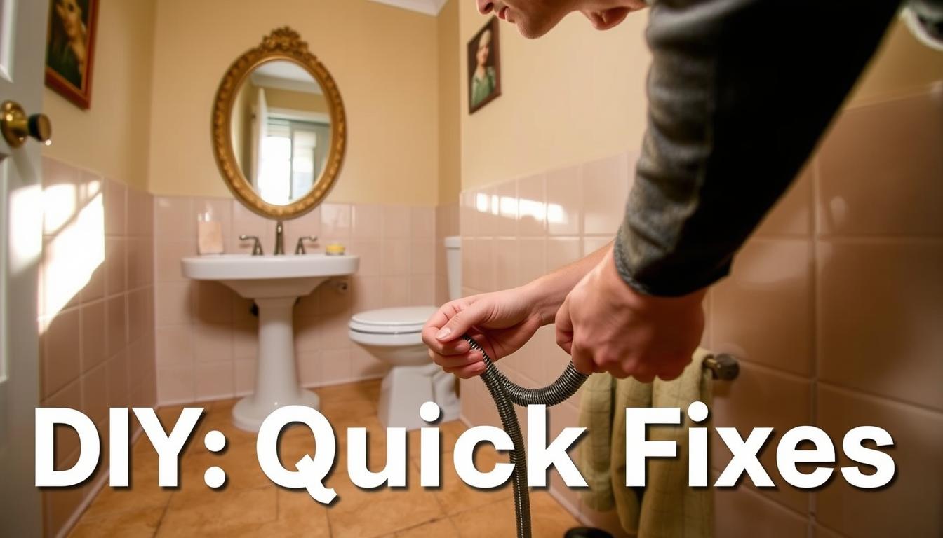 A natural drain cleaning scene featuring a person using a plumber's snake to unclog a sink drain. Bright, warm lighting illuminates the bathroom setting with a tiled floor, pedestal sink, and decorative mirror. The person's hands are carefully guiding the flexible metal cable as it feeds into the drain, with a focused expression on their face. The image conveys a sense of simple, effective DIY problem-solving, without any mess or clutter, reflecting the "Quick Fixes" theme. A natural drain cleaning scene featuring a person using a plumber's snake to unclog a sink drain. Bright, warm lighting illuminates the bathroom setting with a tiled floor, pedestal sink, and decorative mirror. The person's hands are carefully guiding the flexible metal cable as it feeds into the drain, with a focused expression on their face. The image conveys a sense of simple, effective DIY problem-solving, without any mess or clutter, reflecting the "Quick Fixes" theme.