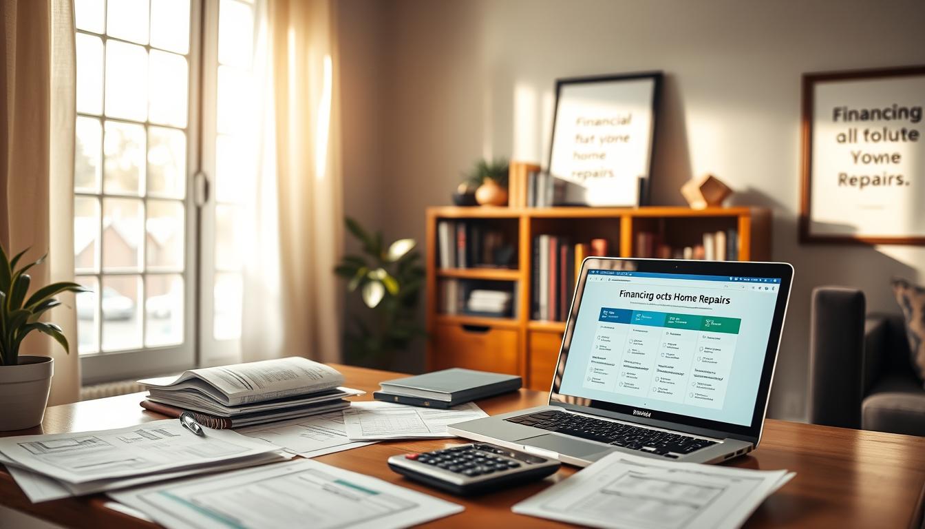 A cozy home office, filled with natural light from a nearby window. On the desk, various financial documents, a calculator, and a laptop displaying financing options for home repairs. In the background, a bookshelf with financial planning books and a framed inspirational quote. The overall atmosphere is one of focused determination, with a warm and inviting color palette. The camera angle is slightly elevated, capturing the scene from a thoughtful, contemplative perspective. A cozy home office, filled with natural light from a nearby window. On the desk, various financial documents, a calculator, and a laptop displaying financing options for home repairs. In the background, a bookshelf with financial planning books and a framed inspirational quote. The overall atmosphere is one of focused determination, with a warm and inviting color palette. The camera angle is slightly elevated, capturing the scene from a thoughtful, contemplative perspective.