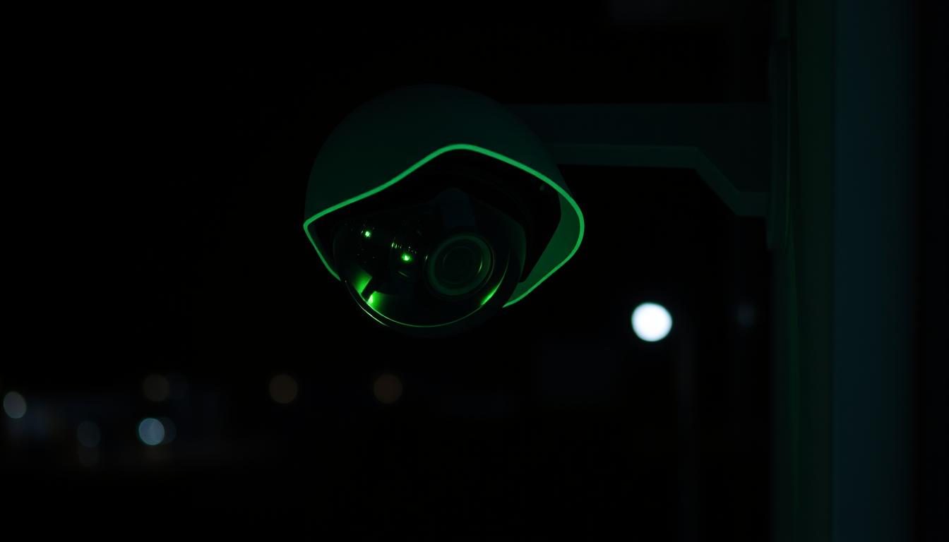 A night vision security camera mounted on a wall, its infrared lens capturing the scene in shades of green. The camera is positioned at an angle, surveying the surroundings with a wide field of view. The background is dark, with a few faint lights in the distance, creating a sense of atmosphere and depth. The camera's casing is sleek and modern, blending seamlessly with the wall. The image conveys a sense of technological sophistication and the ability to monitor the area effectively, even in low-light conditions.