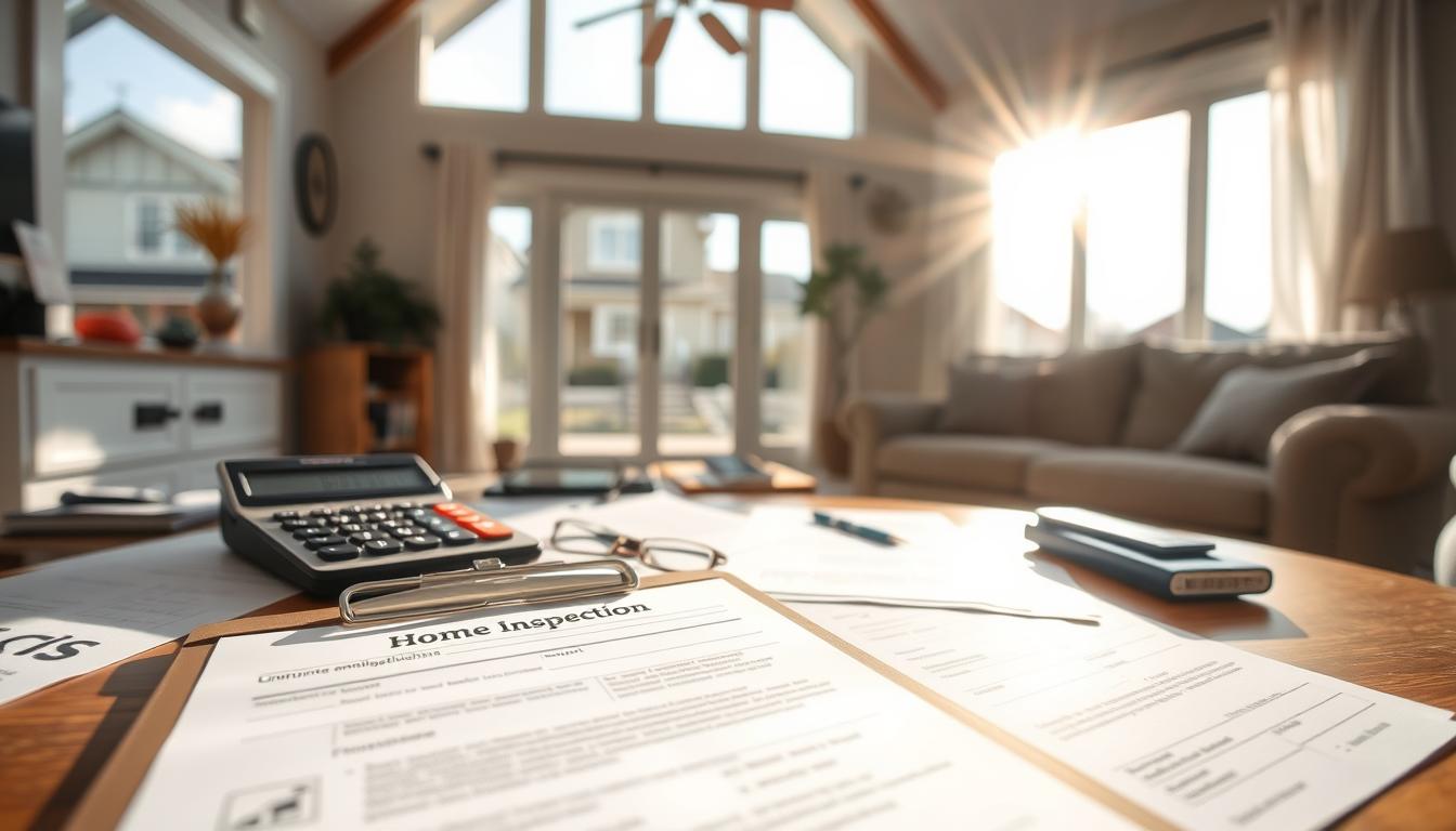 A sunny, well-lit home interior with a foreground focus on a clipboard and calculator on a desk, representing a home inspection and appraisal process. The middle ground showcases various documents and forms related to home inspections, while the background depicts a window overlooking a suburban neighborhood, conveying the domestic setting. The overall atmosphere is professional, organized, and informative, capturing the importance of upfront fees and inspections in the home buying process. A sunny, well-lit home interior with a foreground focus on a clipboard and calculator on a desk, representing a home inspection and appraisal process. The middle ground showcases various documents and forms related to home inspections, while the background depicts a window overlooking a suburban neighborhood, conveying the domestic setting. The overall atmosphere is professional, organized, and informative, capturing the importance of upfront fees and inspections in the home buying process.