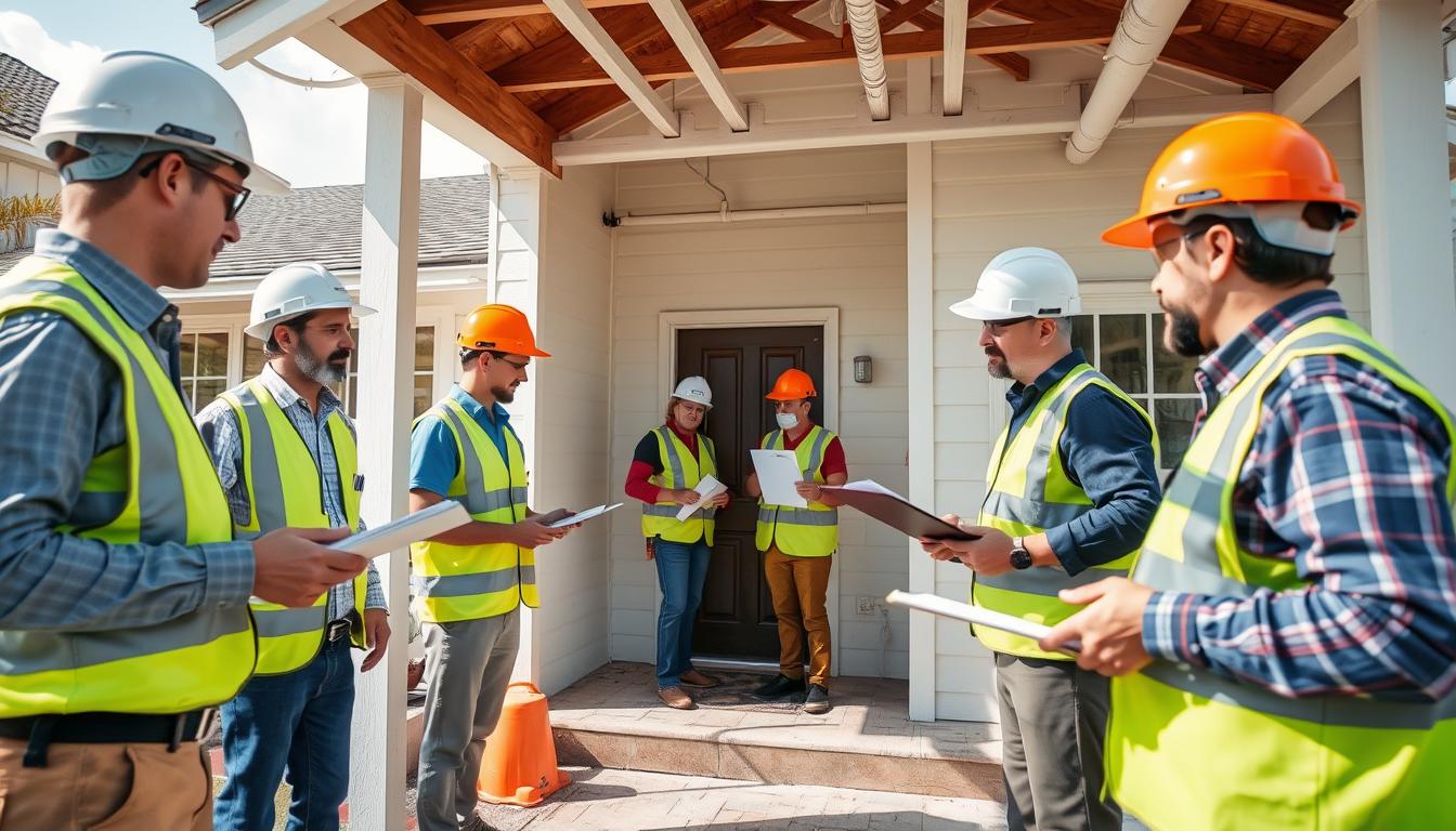 Prompt A group of certified home inspectors conducting a thorough examination of a residential property. They are meticulously inspecting various areas, including the roof, exterior walls, foundation, plumbing, and electrical systems, under natural lighting and using professional tools. The inspectors are dressed in safety gear, with clipboards in hand, carefully documenting their findings. The scene conveys a sense of diligence, expertise, and commitment to ensuring the home's integrity and safety for potential buyers. Prompt A group of certified home inspectors conducting a thorough examination of a residential property. They are meticulously inspecting various areas, including the roof, exterior walls, foundation, plumbing, and electrical systems, under natural lighting and using professional tools. The inspectors are dressed in safety gear, with clipboards in hand, carefully documenting their findings. The scene conveys a sense of diligence, expertise, and commitment to ensuring the home's integrity and safety for potential buyers.